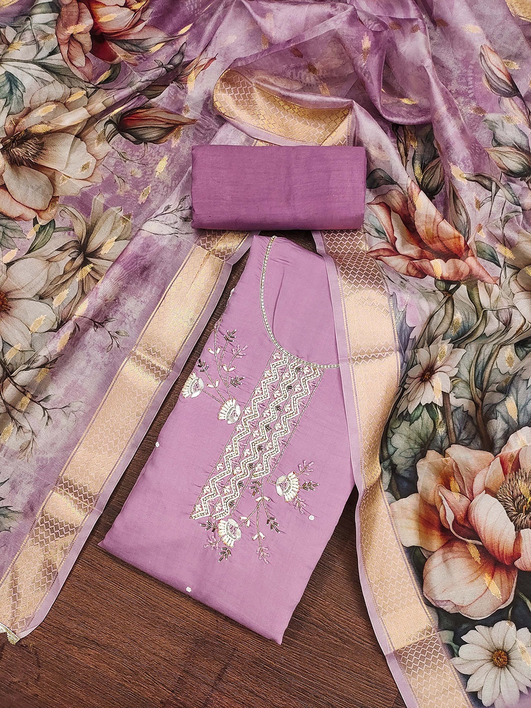 

SAINOOR Embellished Pure Silk Semi-Stitched Dress Material, Purple