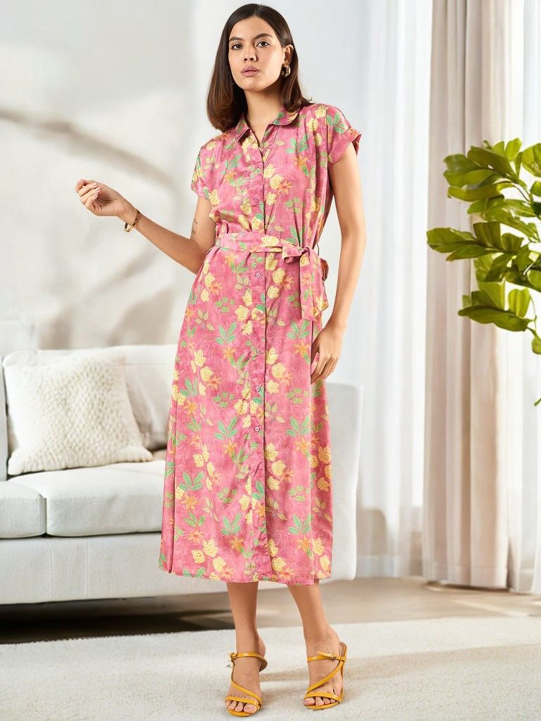 

DressBerry Floral Print Shirt Midi Dress, Pink