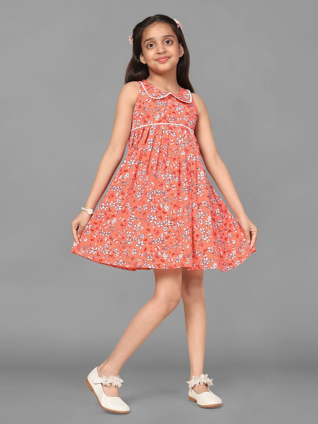 

YK Floral Print Peter Pan Collar Crepe Fit & Flare Dress, Orange