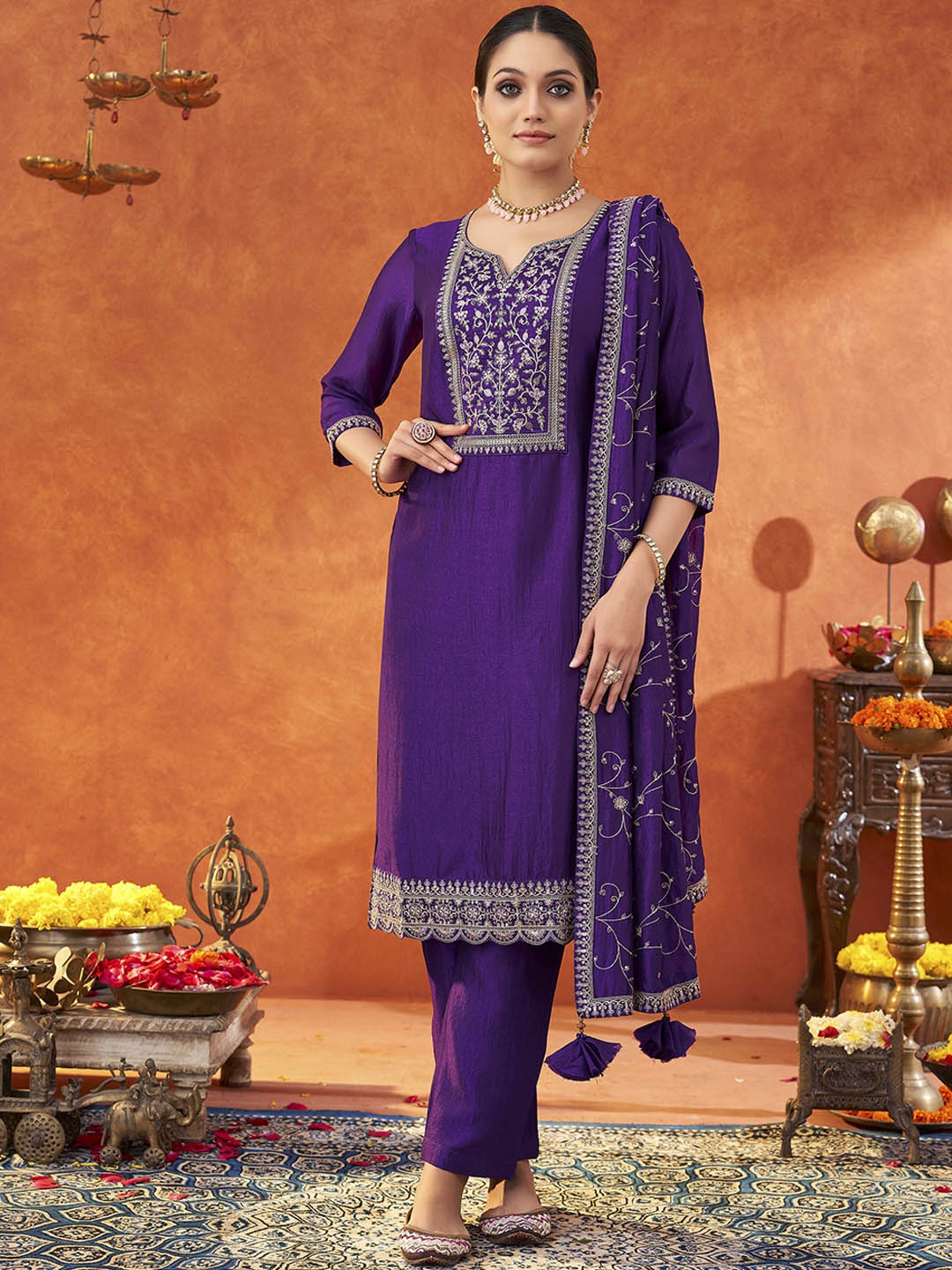 

Saanjh Purple Floral Embroidered Straight Kurta with Trousers & Dupatta