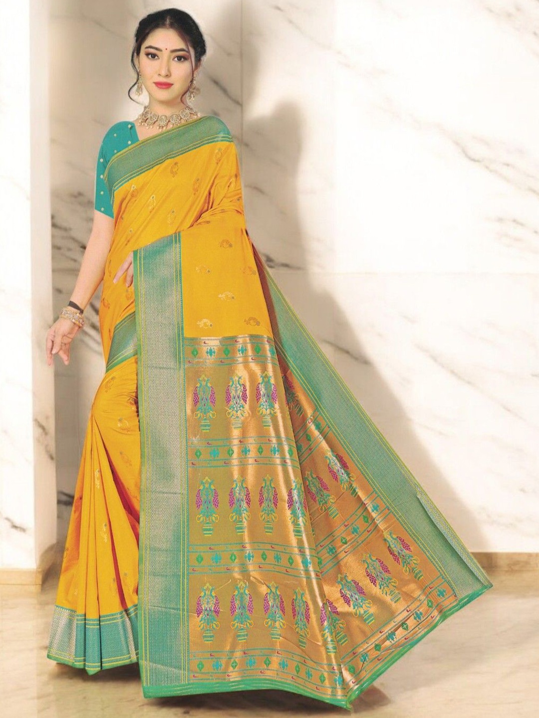 

SHOPPKEE Woven Design Zari Silk Blend Banarasi Saree, Yellow