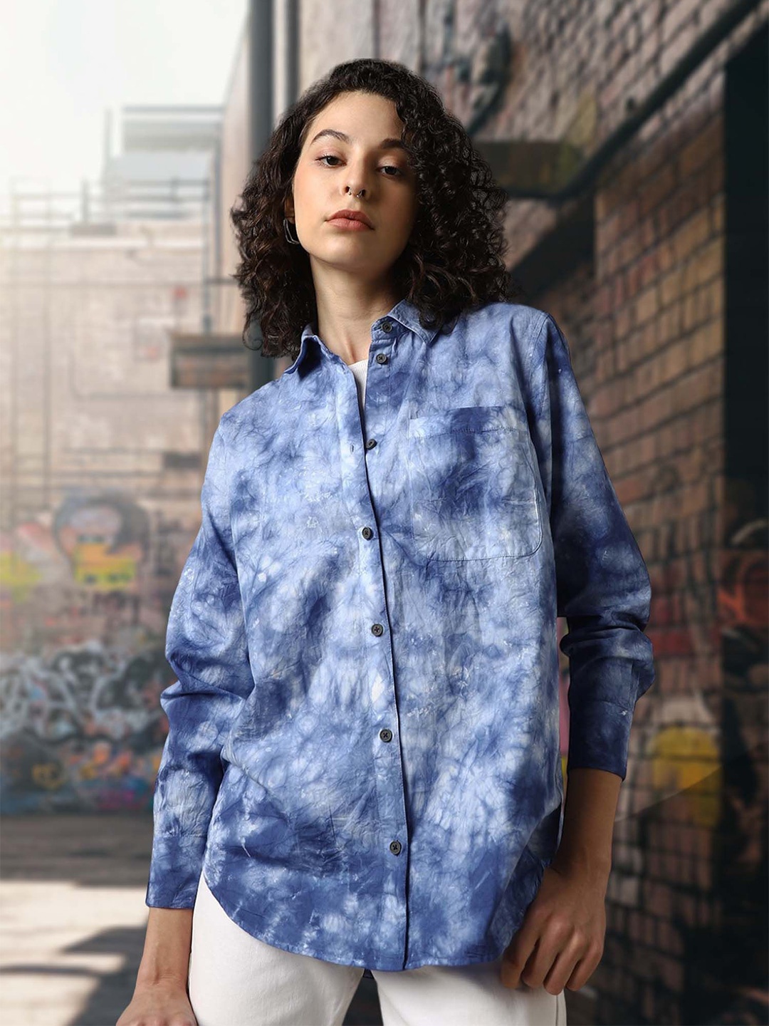 

Hubberholme Women Oversized Fit Cotton Tye Dye wash Casual Shirt, Navy blue