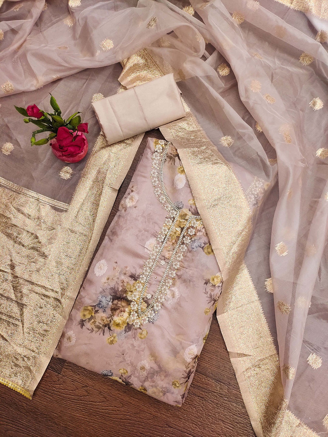

SAINOOR Floral Printed Organza Unstitched Dress Material, Rose gold
