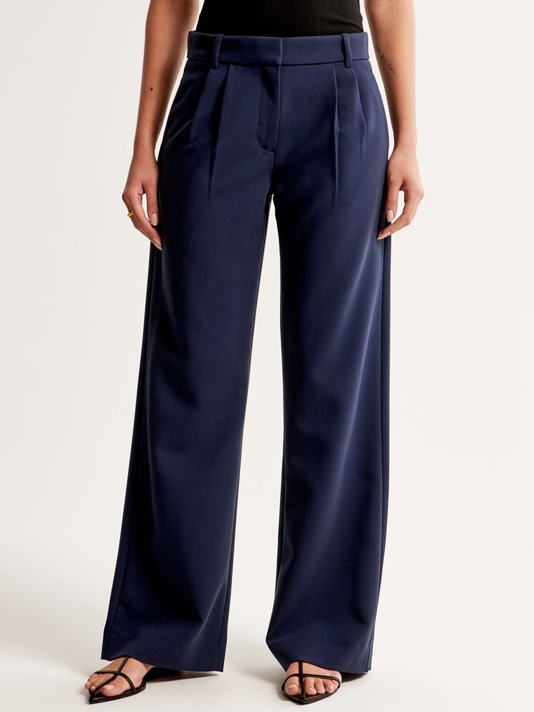 

FNOCKS Women Ultra Wide-Leg Fit High-Rise Cotton Pleated Trousers, Navy blue