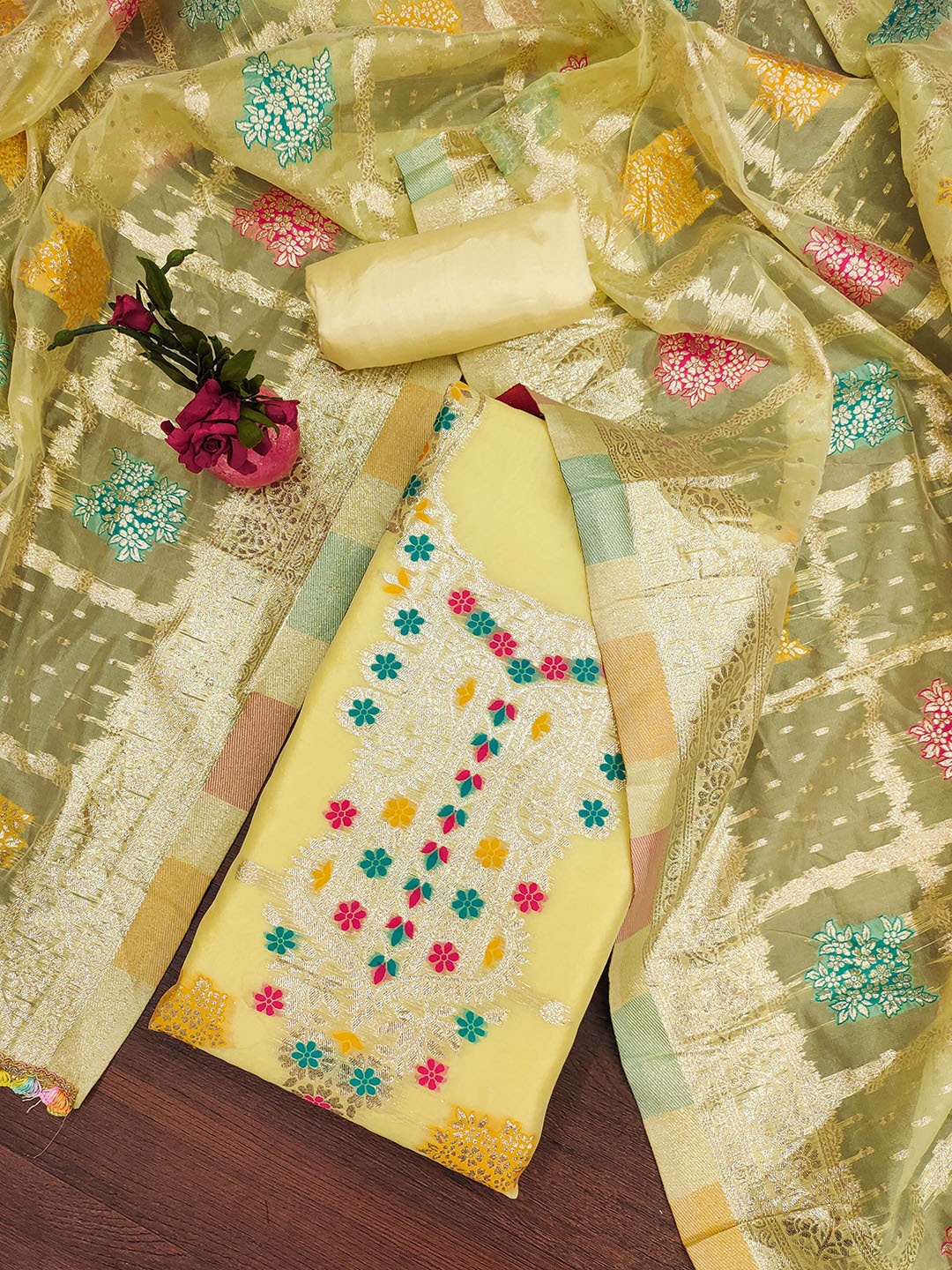 

SAINOOR Floral Woven Design Zari Work Organza Unstitched Dress Material, Yellow
