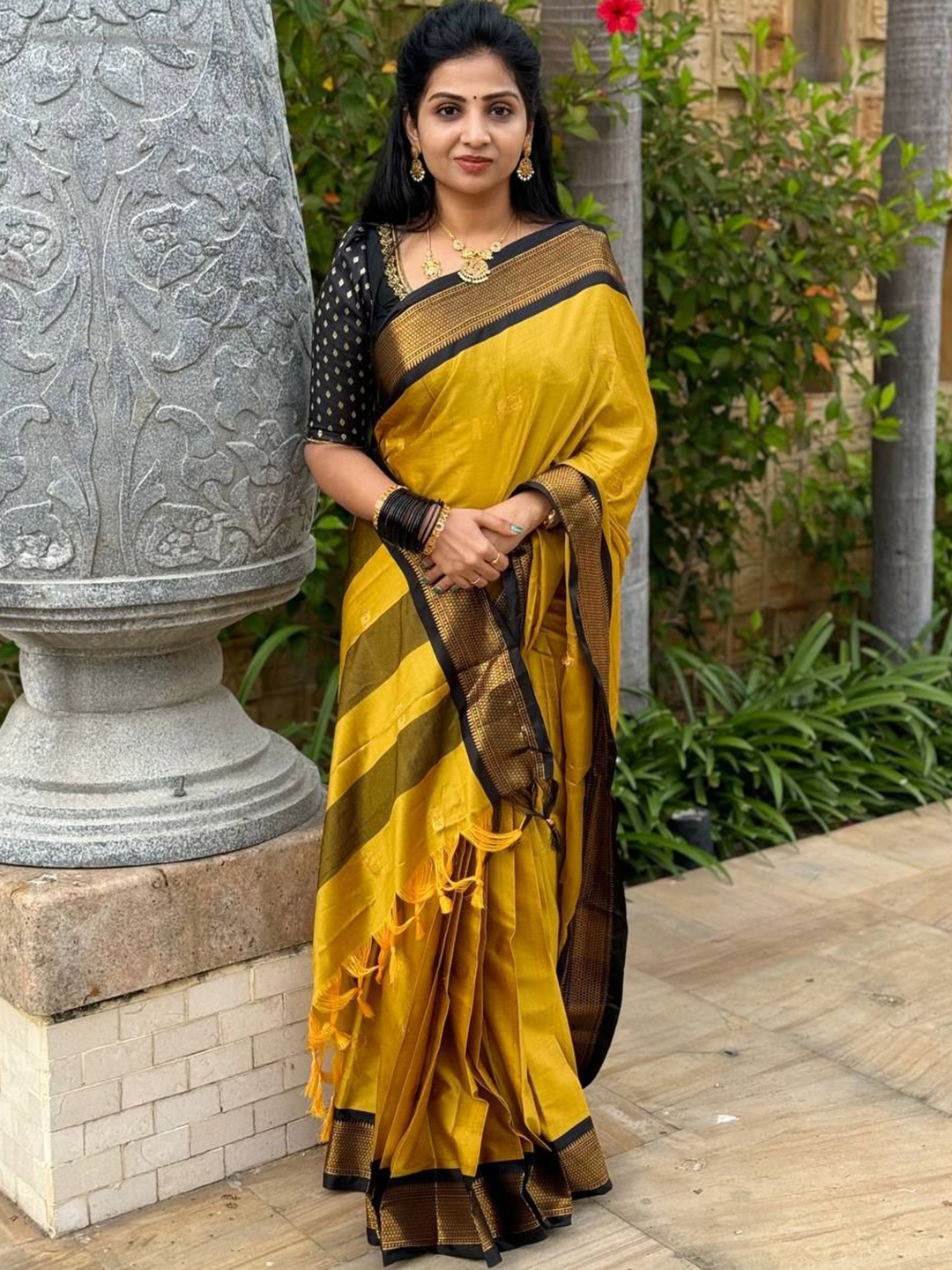 

SILKWEAR Ethnic Motifs Zari Silk Cotton Mysore Silk Saree, Mustard