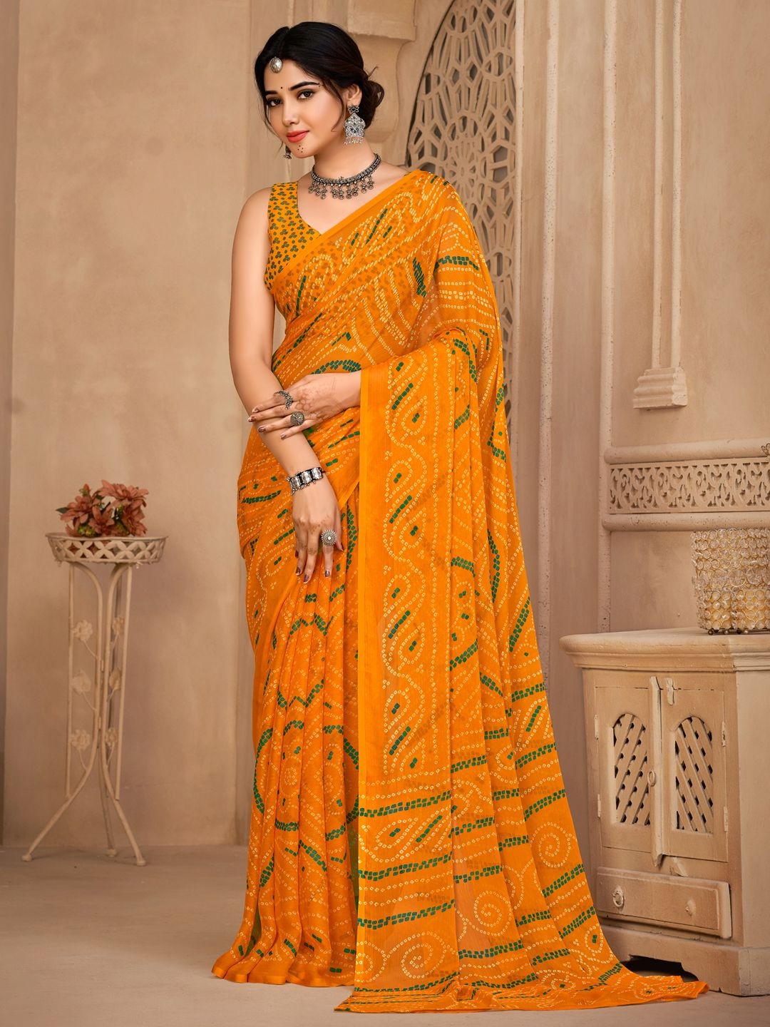 

Mitera Bandhani Poly Chiffon Bandhani Saree, Yellow