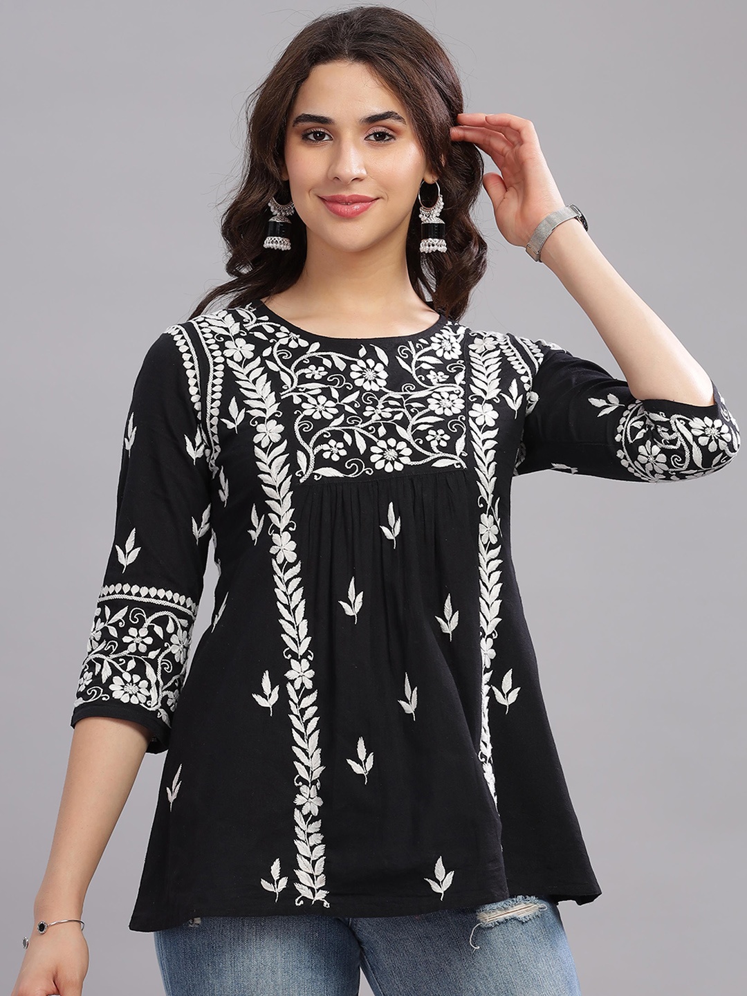 

Club Loom Floral Embroidered Mandarin Collar Chikankari Pleated A-Line Pure Cotton Kurti, Black
