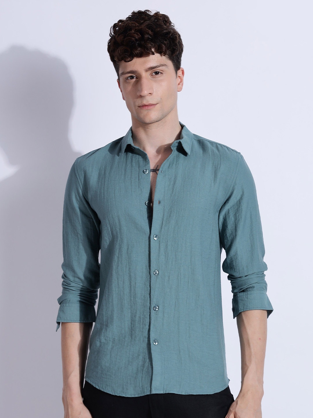 

THE BEETEL HOUSE Men Lucas Look Linen Regular Slim Fit Casual Shirt, Teal