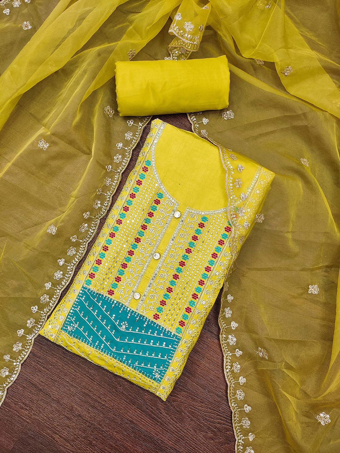 

MANVAA Embellished Unstitched Dress Material, Mustard