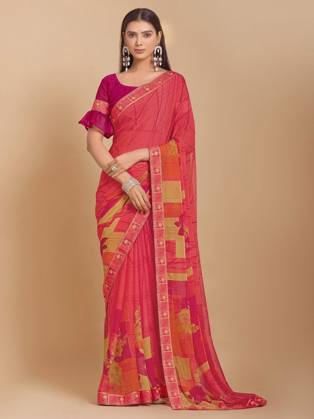 

Anouk Rustic Poly Chiffon Bagh Saree, Pink