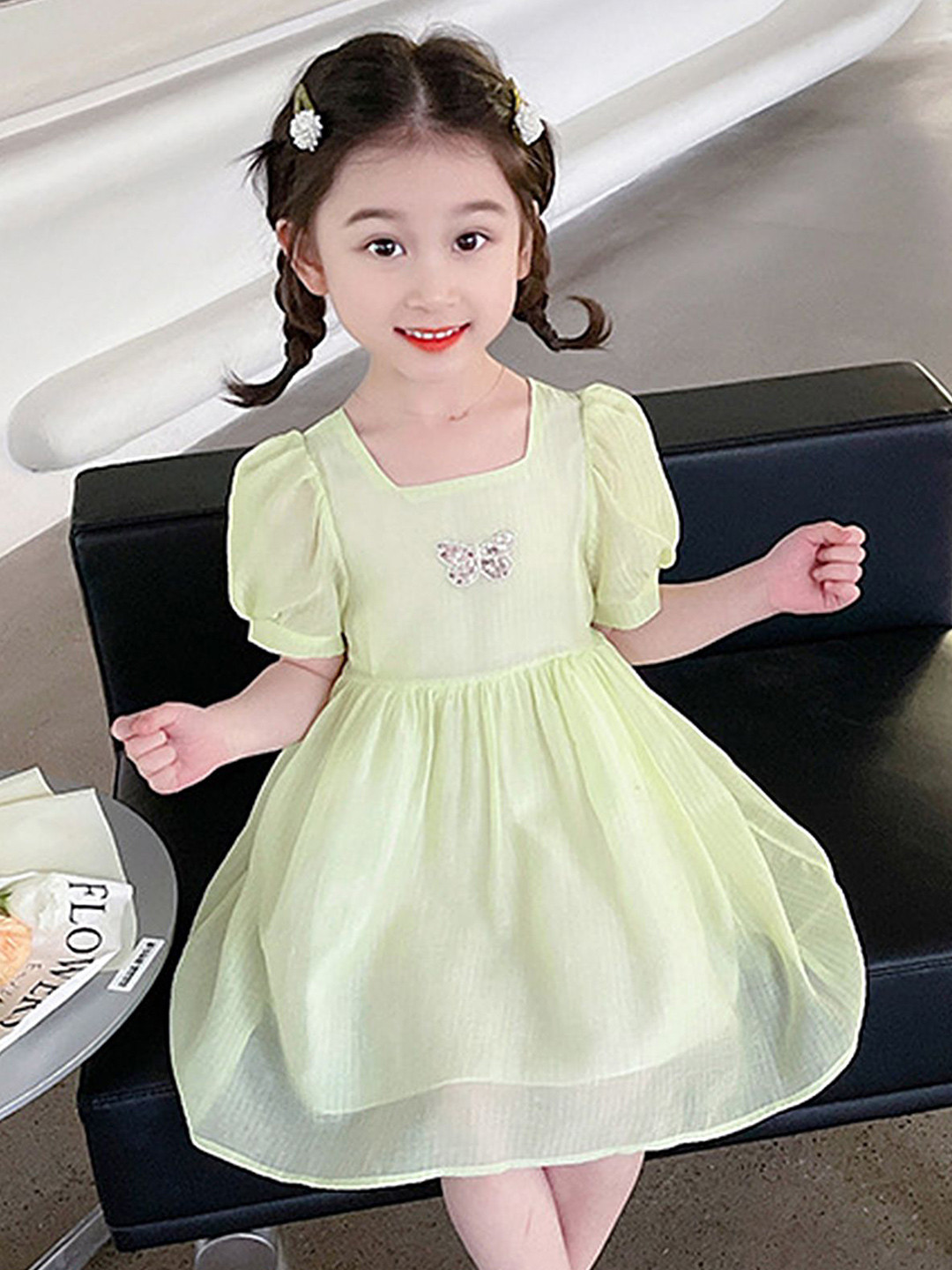 

LULU & SKY Puff Sleeve A-Line Dress, Green