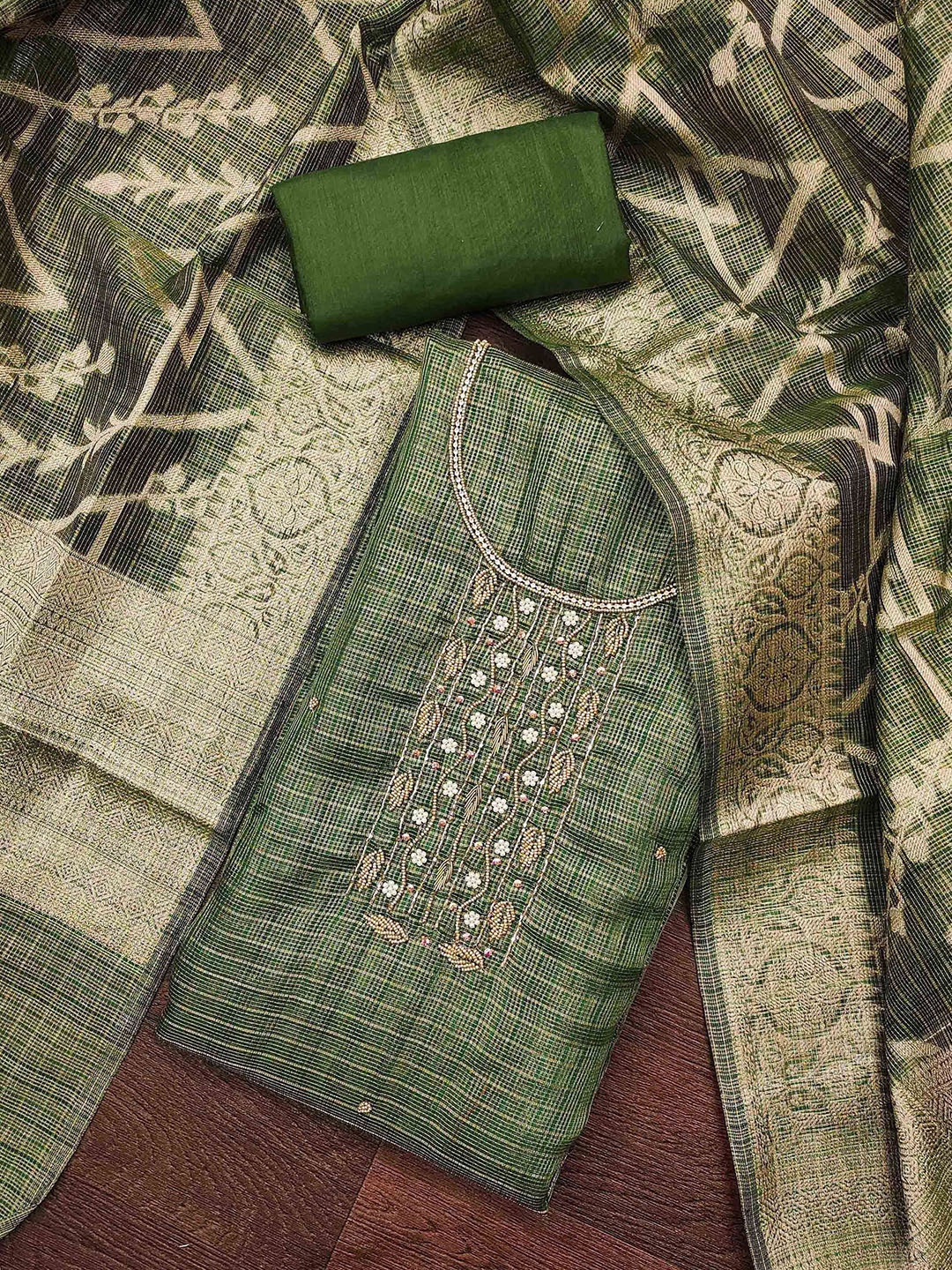 

SAINOOR Checked Woven Design Beads and Stones Organza Unstitched Dress Material, Green