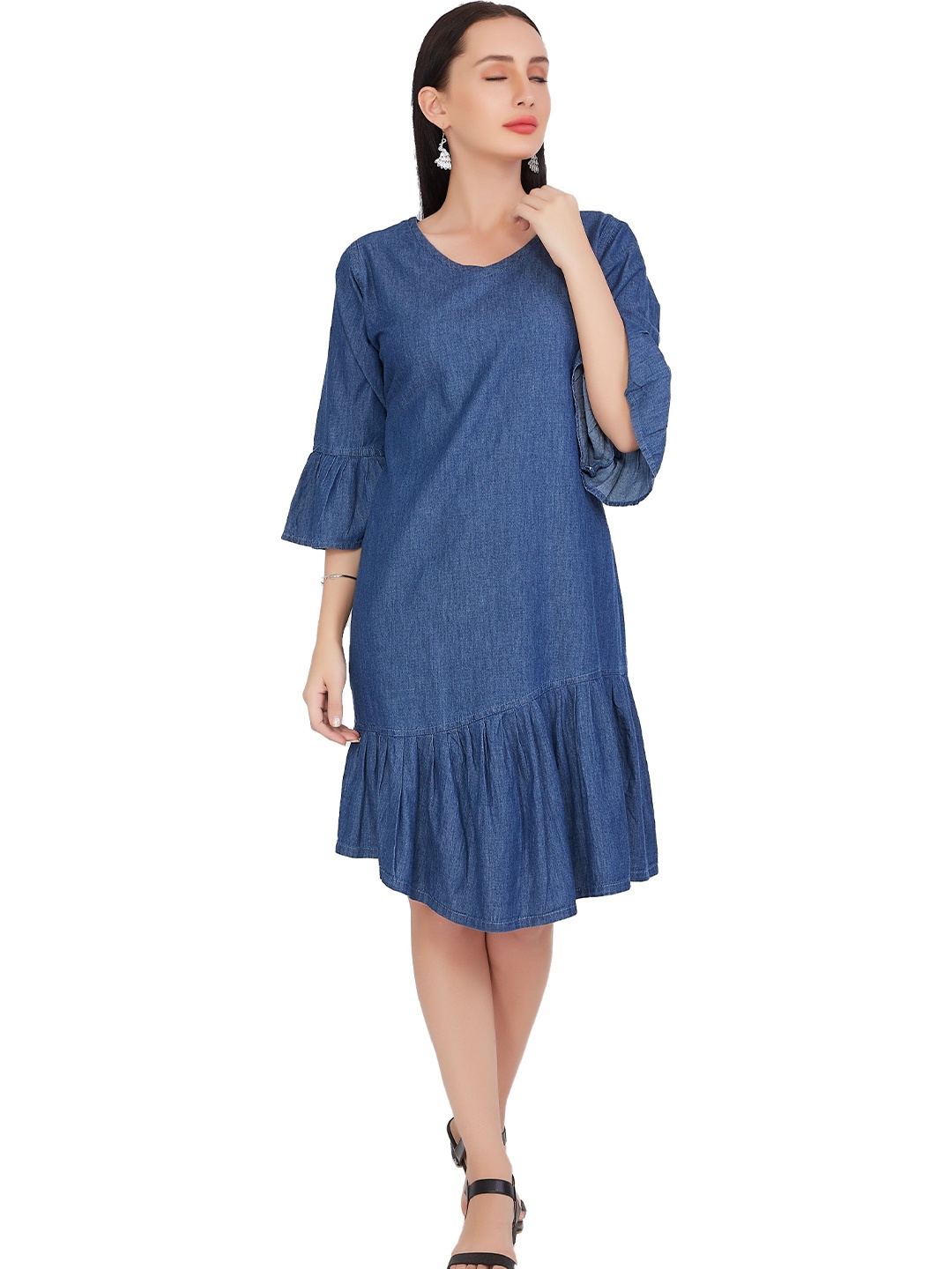 

CEFALU Bell Sleeve Denim Drop-Waist Midi Dress, Blue