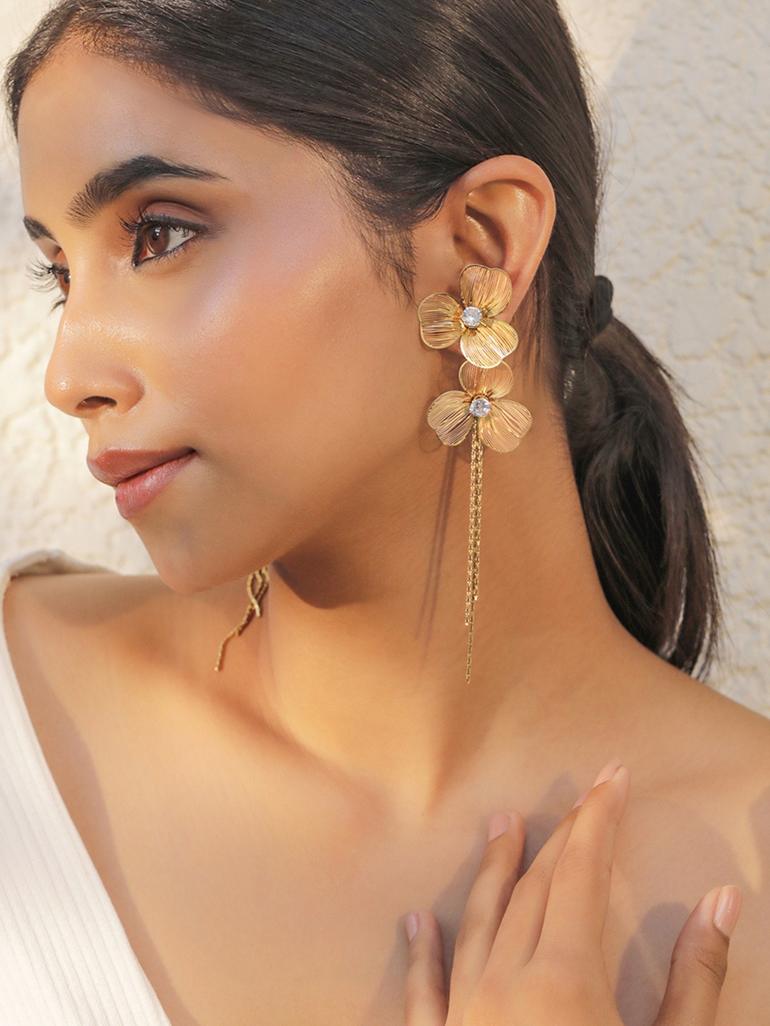 

Rubans Voguish Women 22K Brass Zirconia Accents Floral Chain Linked Drop Earrings, Gold