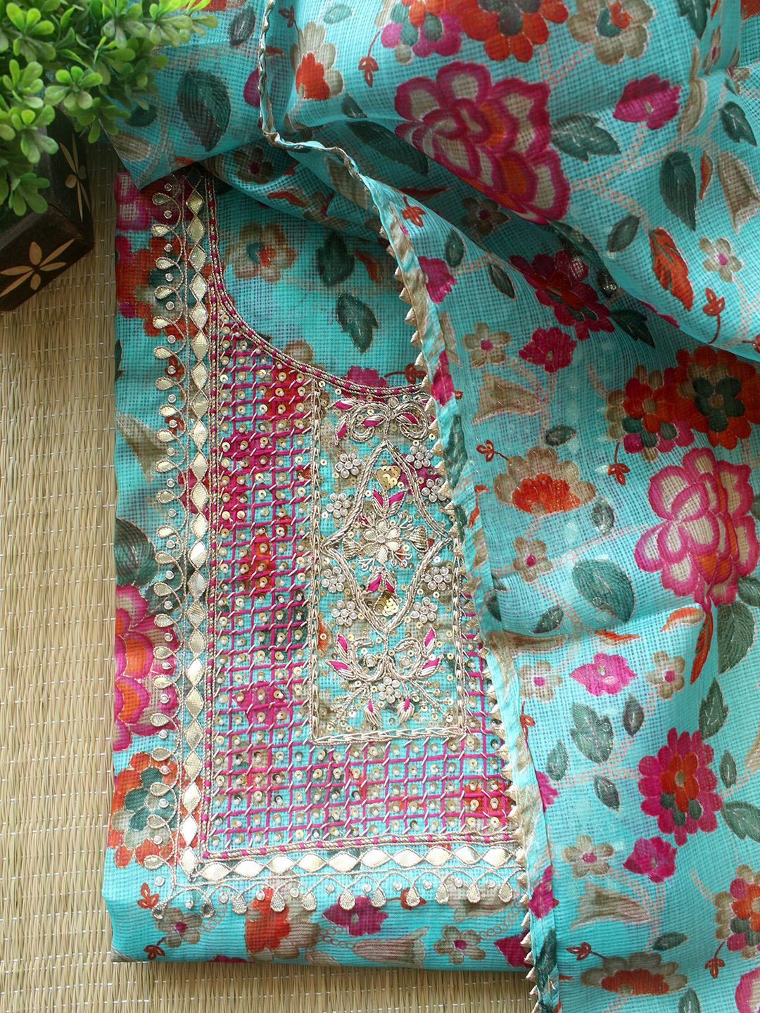 

Weaves of Tradition Floral Embroidered Unstitched Dress Material, Blue