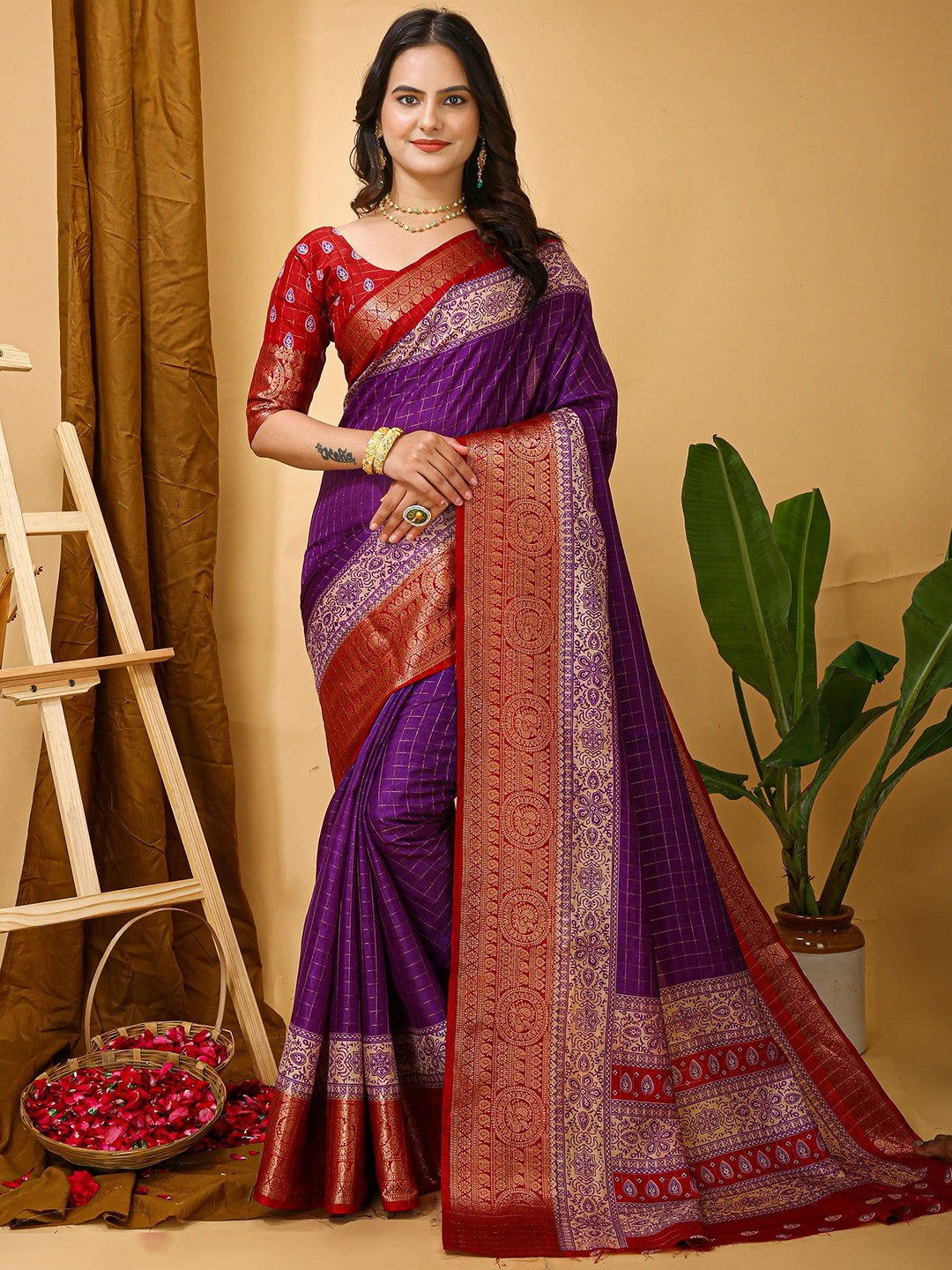 

V3 FASHION STUDIO Ethnic Motifs Zari Art Silk Saree, Purple