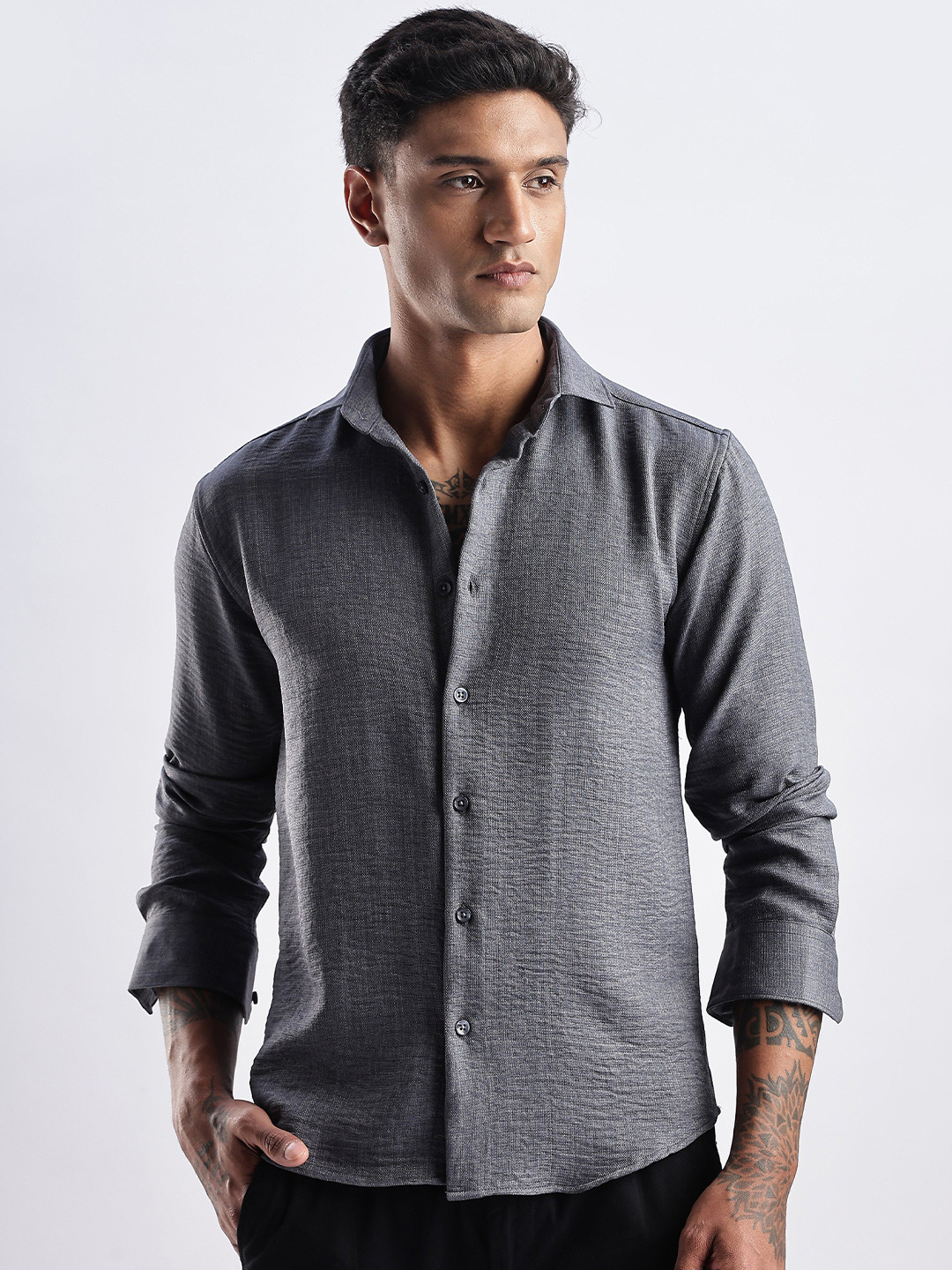 

THE BEETEL HOUSE Men Milange Linen Look Regular Slim Fit Casual Shirt, Grey