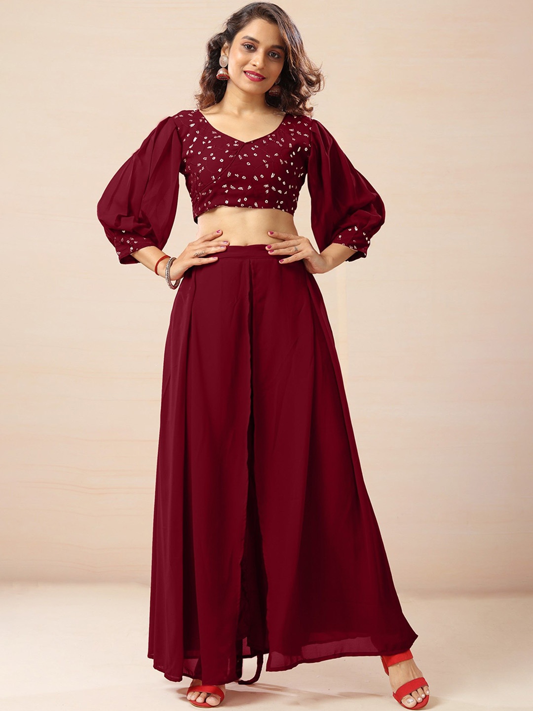 

SANCIA Ethnic Motifs Embroidered Sequinned Top with Palazzos, Maroon