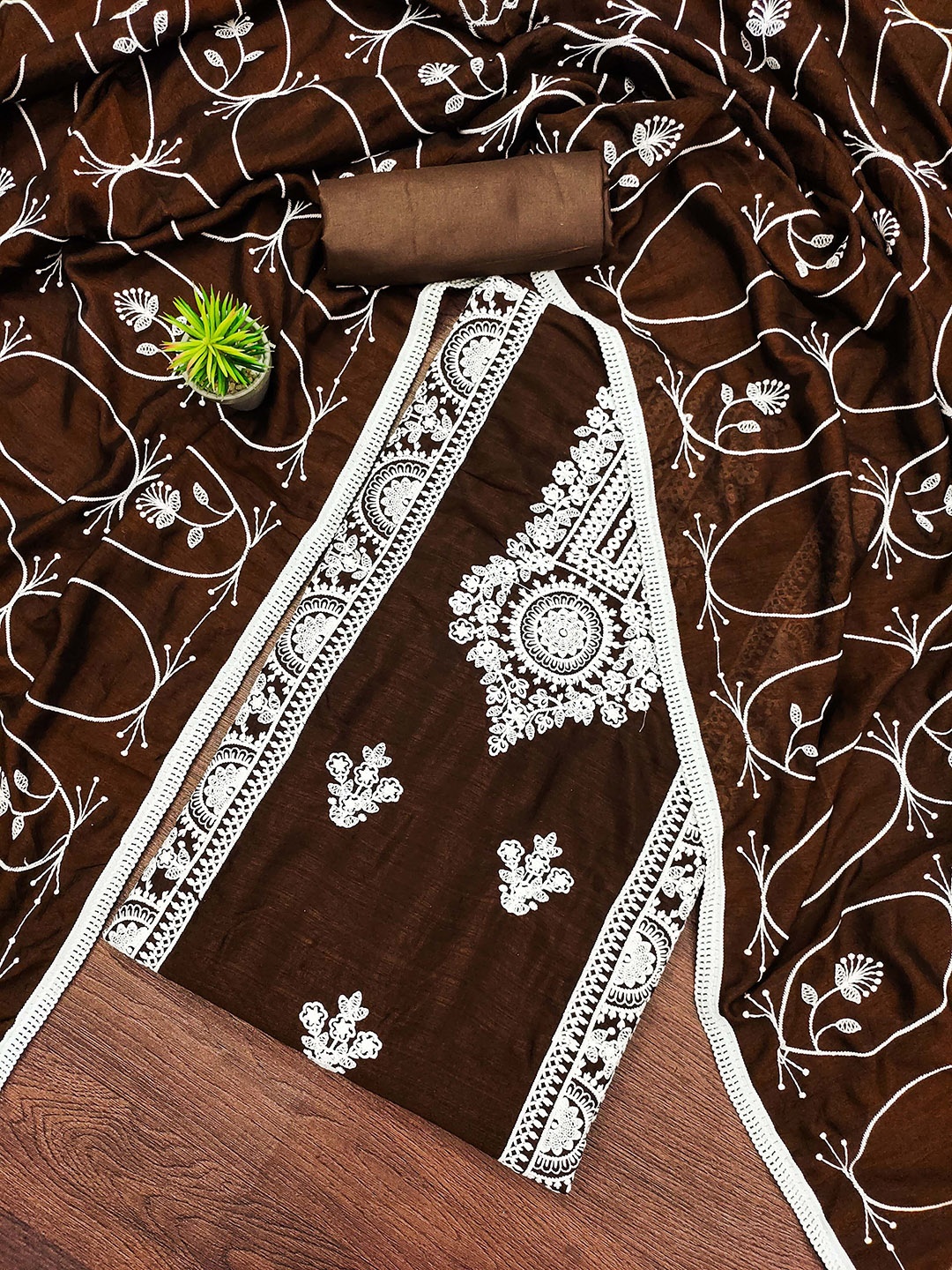 

SAINOOR Embroidered Thread Work Unstitched Dress Material, Brown