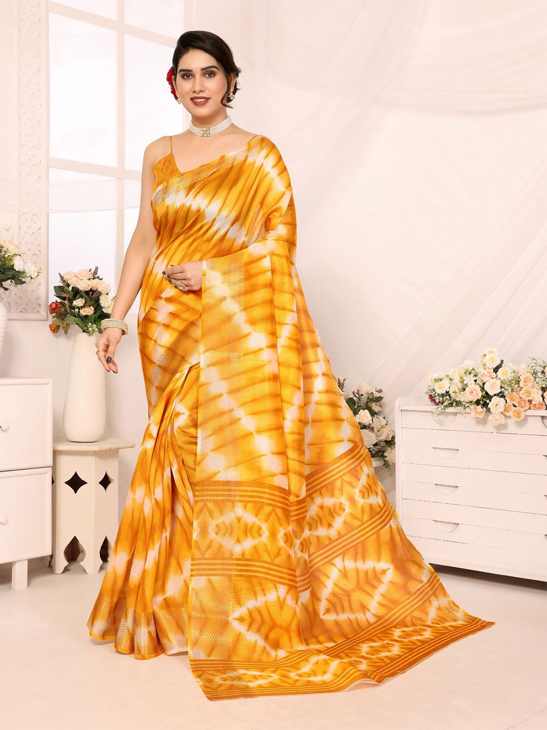 

Moda Rapido Tie and Dye Zari Saree, Yellow