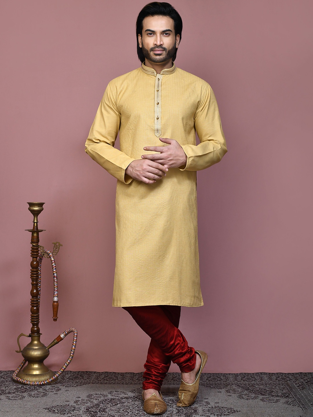 

RANAK Men Striped Regular Pure Cotton Kurta with Pyjamas, Beige