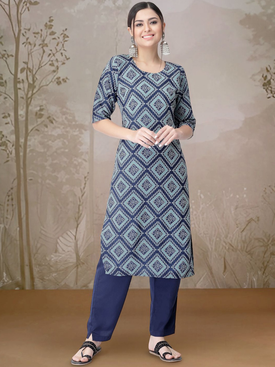 

Moda Rapido Bandhani Printed Round Neck Straight Kurta With Trouser, Navy blue