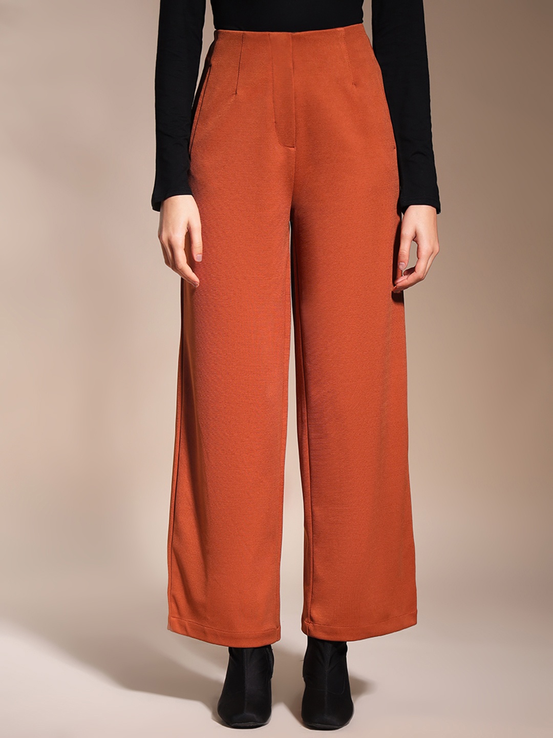 

Zastraa Women High-Rise Relaxed Fit Trousers, Rust