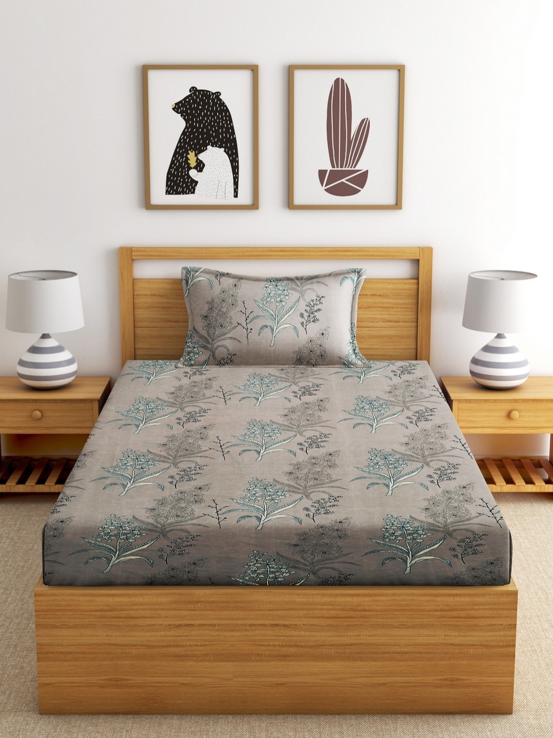 

EXFAB Grey Floral Printed Pure Cotton Fitted 244 TC Single Bedsheet Set 1.87 m x 1.16 m