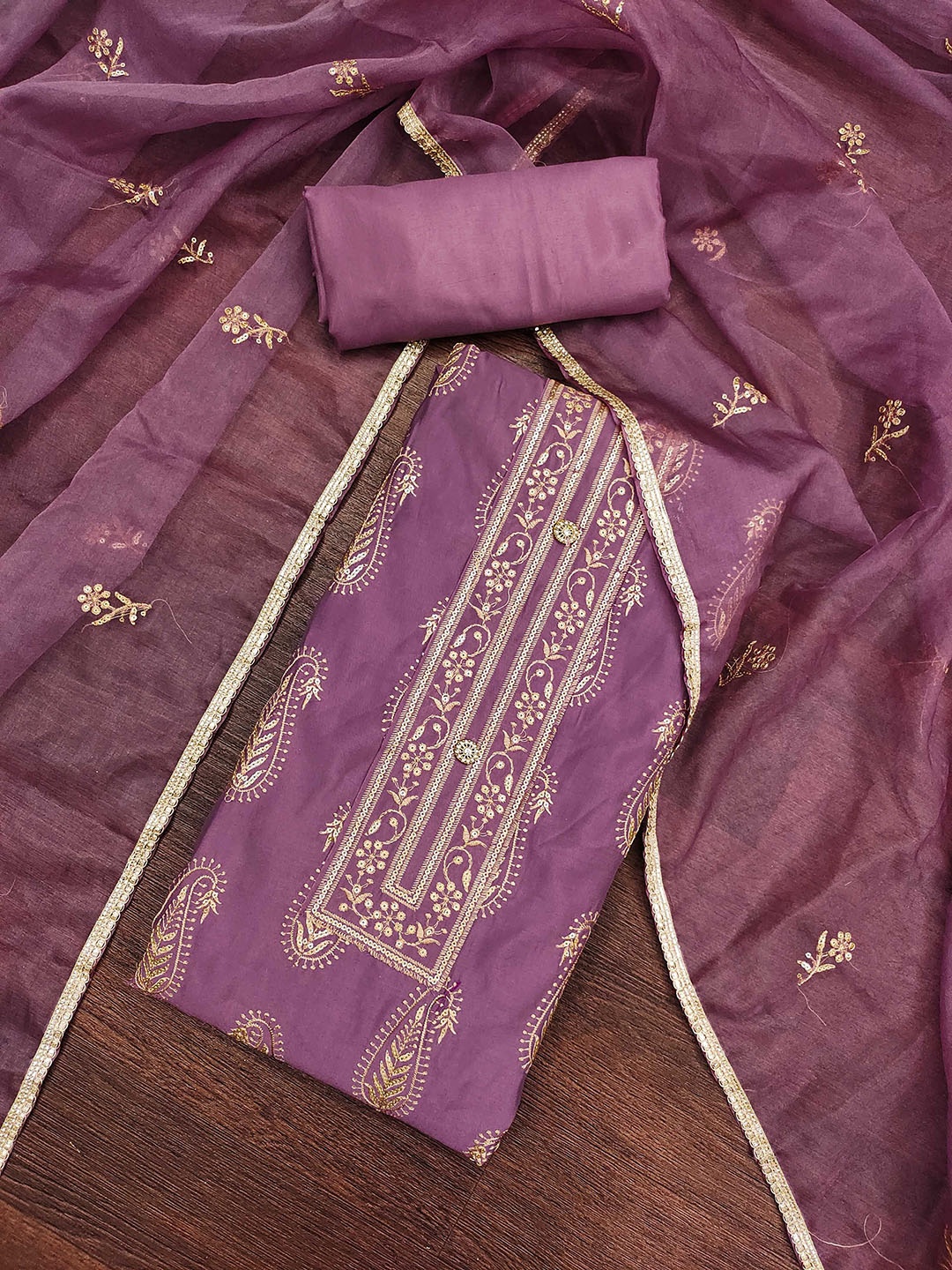 

SAINOOR Paisley Embroidered Sequinned Pure Cotton Unstitched Dress Material, Purple