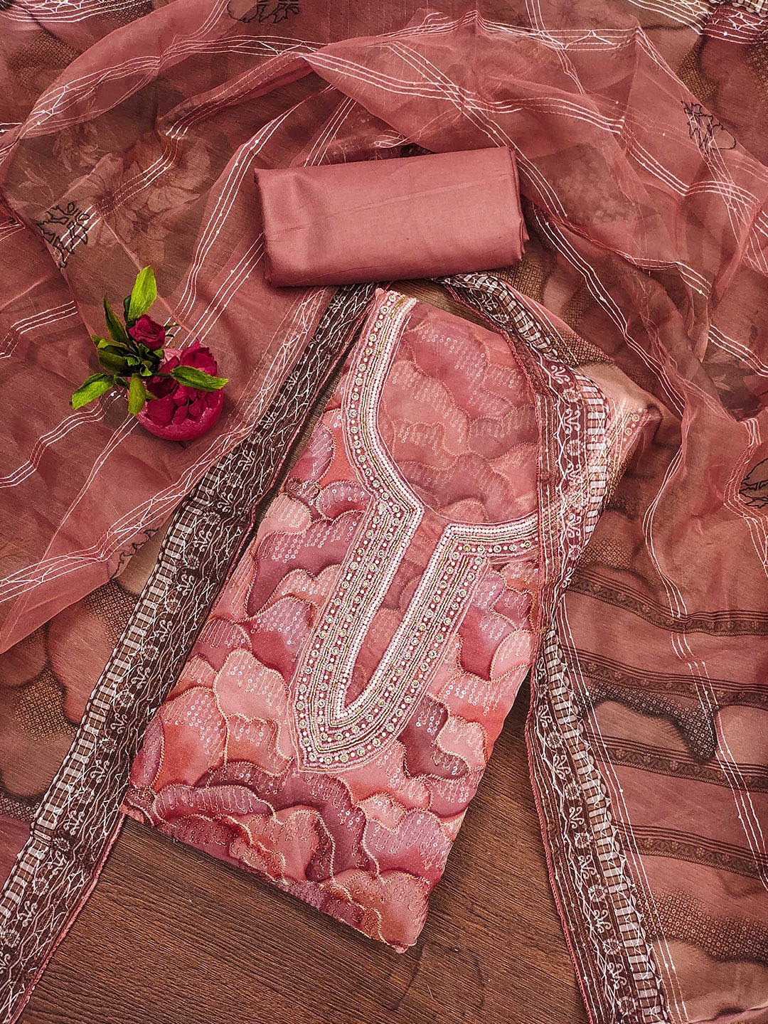 

SAINOOR Floral Embroidered Sequinned Organza Unstiched Dress Material, Peach