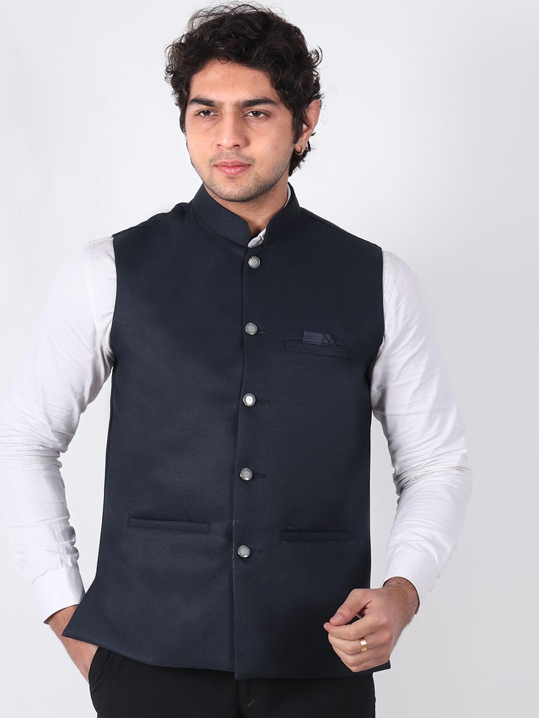 

BUZZIC FASHION UNLIMITED Mandarin Collar Woven Nehru Jacket, Blue