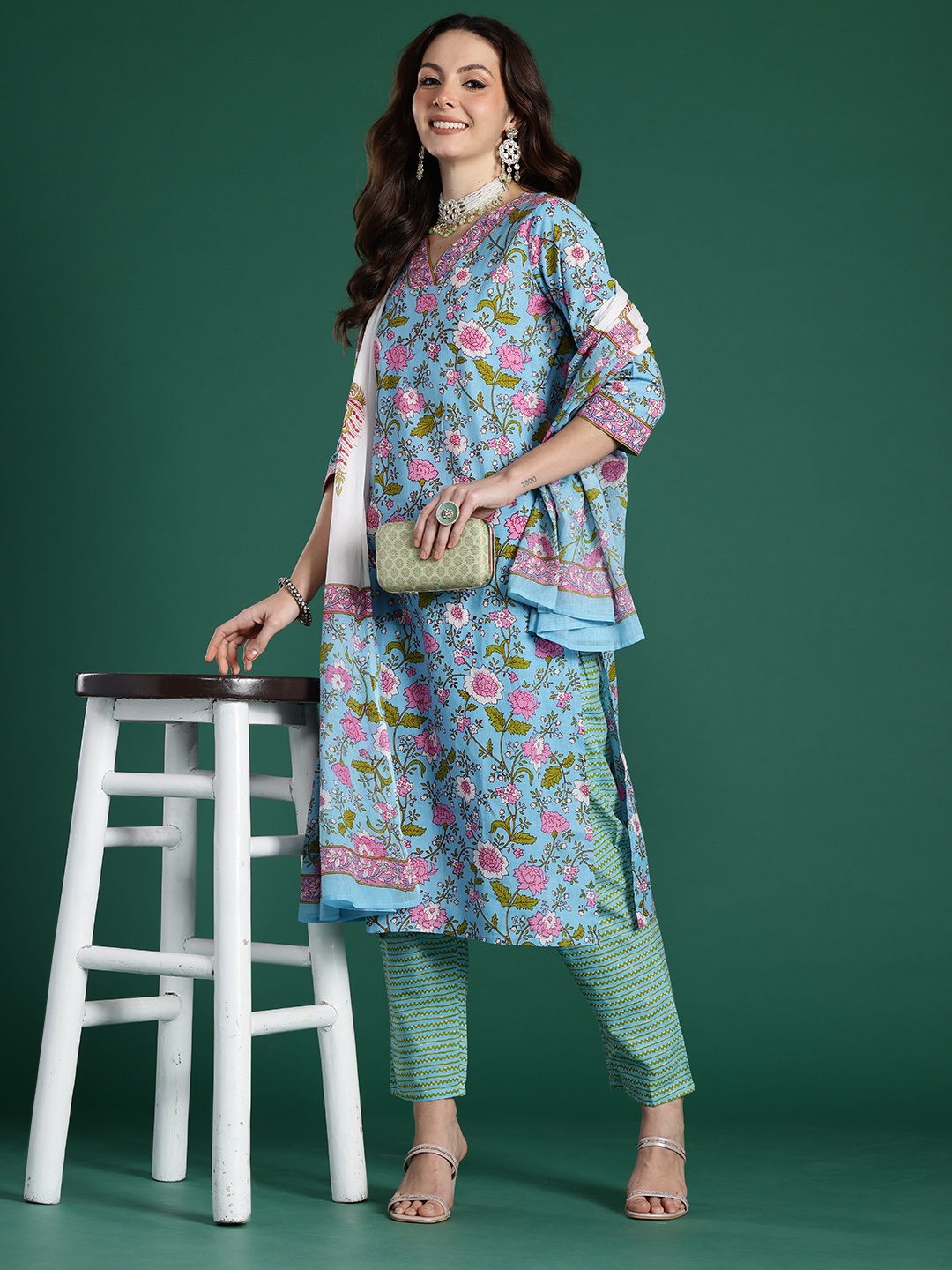 

Indo Era Floral Printed Mirror Work Pure Cotton Kurta With Trousers & Dupatta, Blue