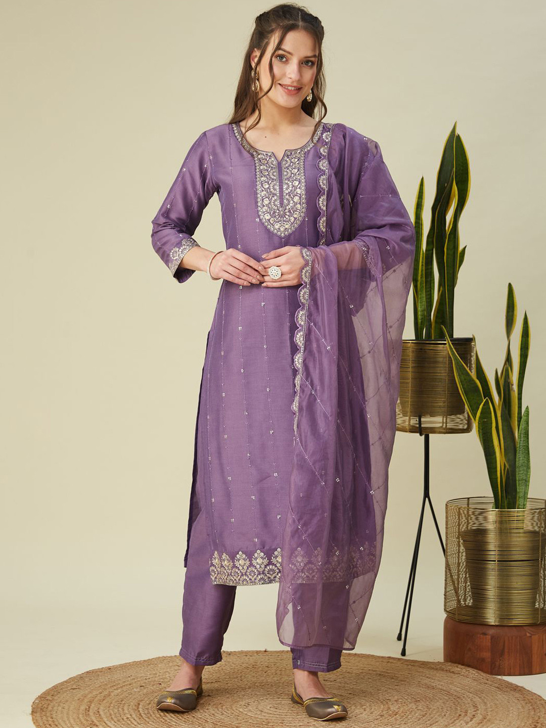 

MOKOSH Floral Embroidered Sequinned Round Neck Straight Kurta with Trousers & Dupatta, Purple