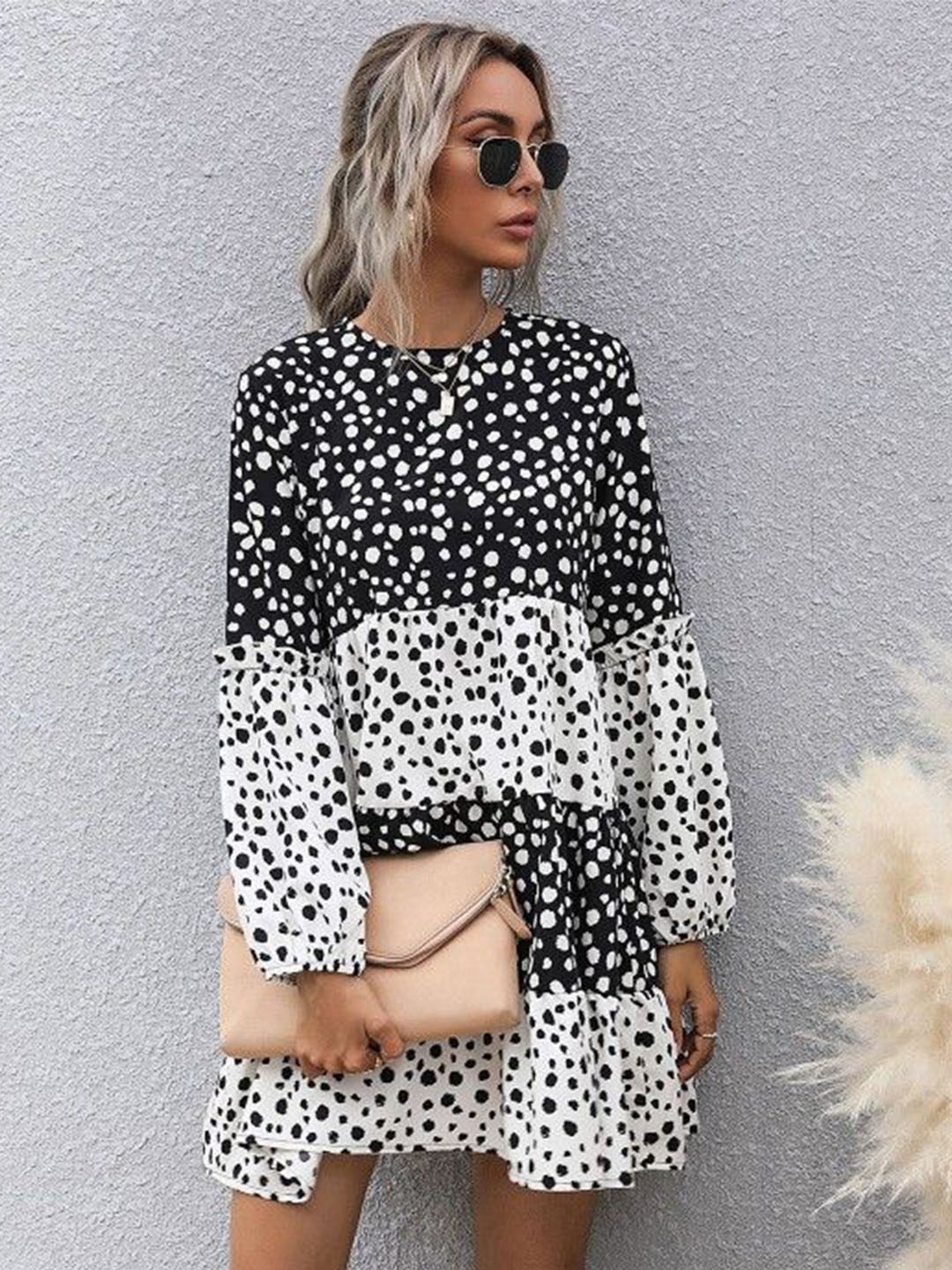 

DressBerry Polka Dot Print Drop-Waist Mini Dress, Black