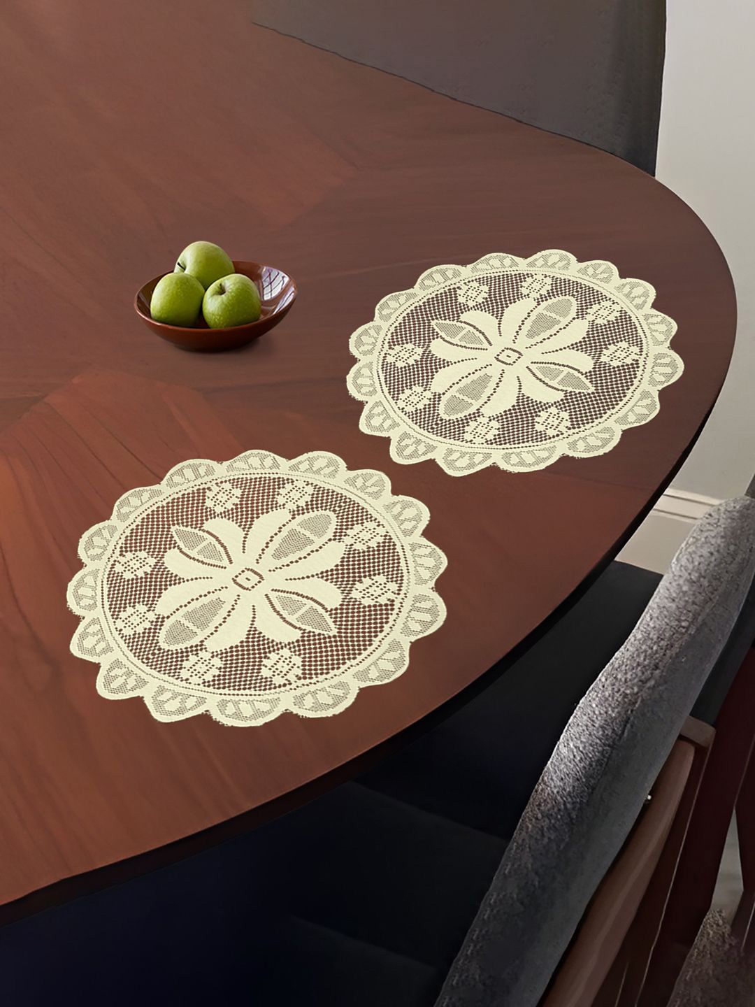 

Kuber Industries Cream-Coloured 2 Pieces Floral Cotton Round Net Table Placemats
