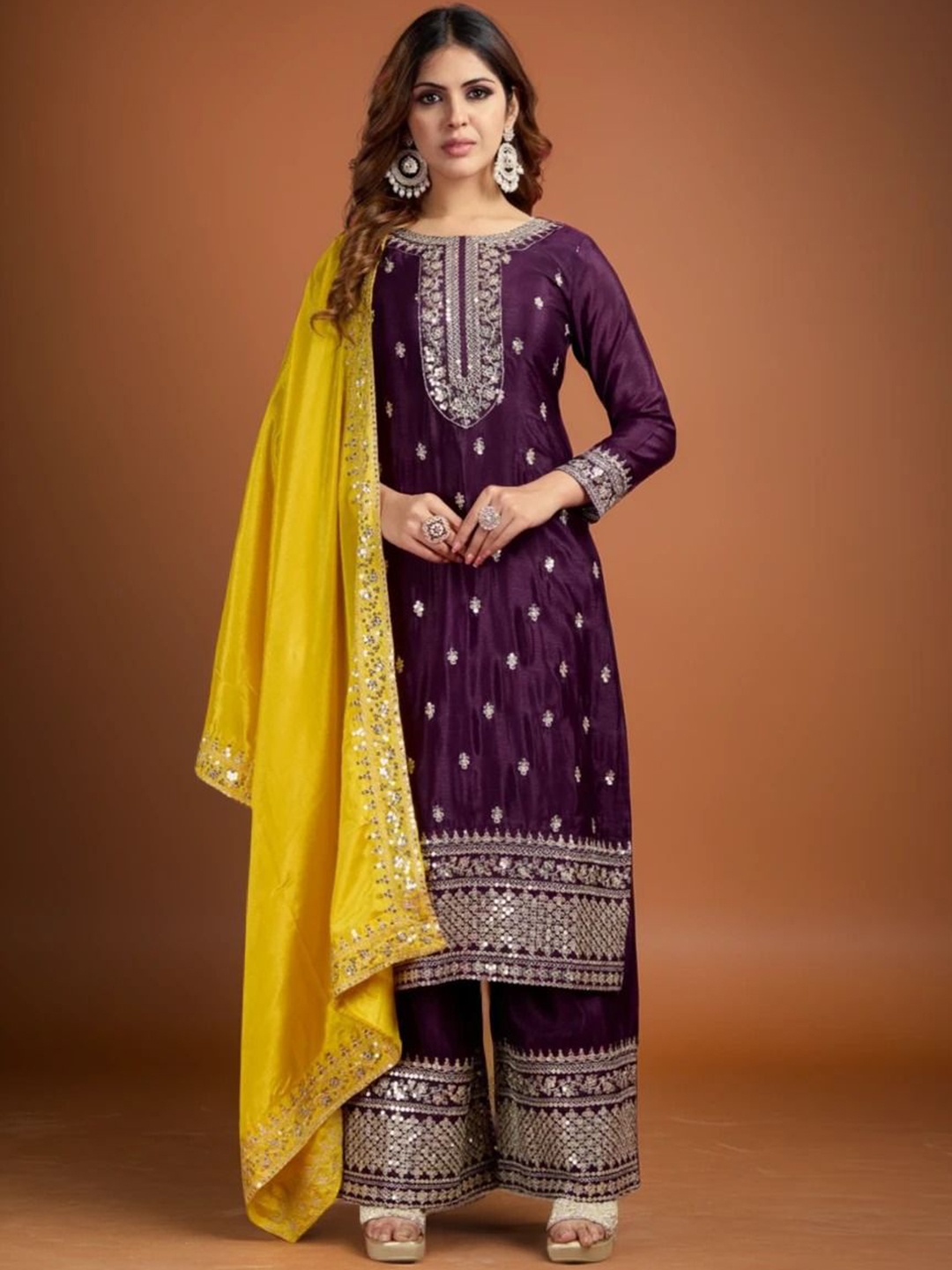 

BHARODIYA ENTERPRISES Embroidered Sequinned Chinon Straight Kurta With Palazzos & Dupatta, Purple