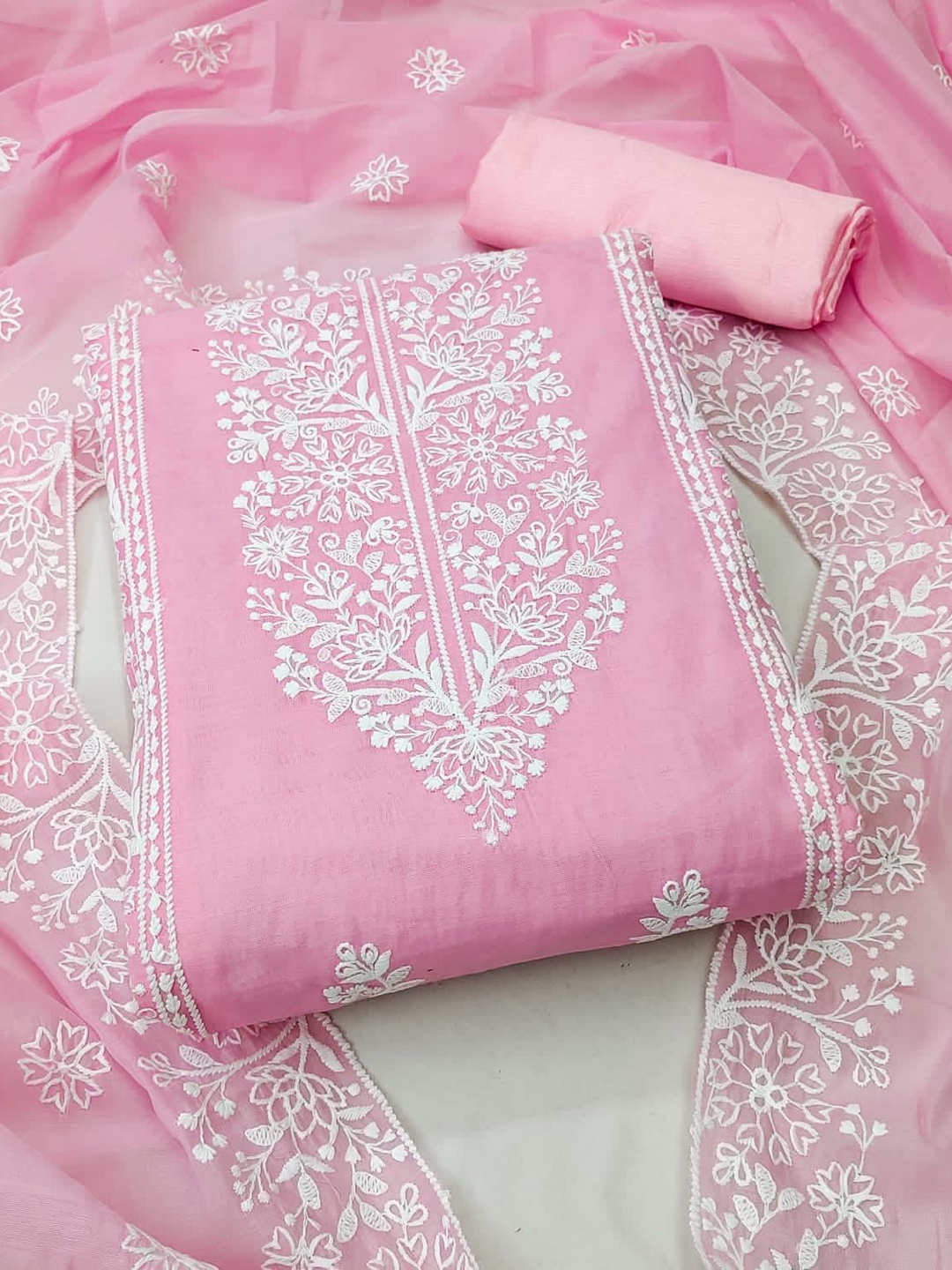 

Rangtulika Floral Embroidered Unstitched Dress Material, Pink