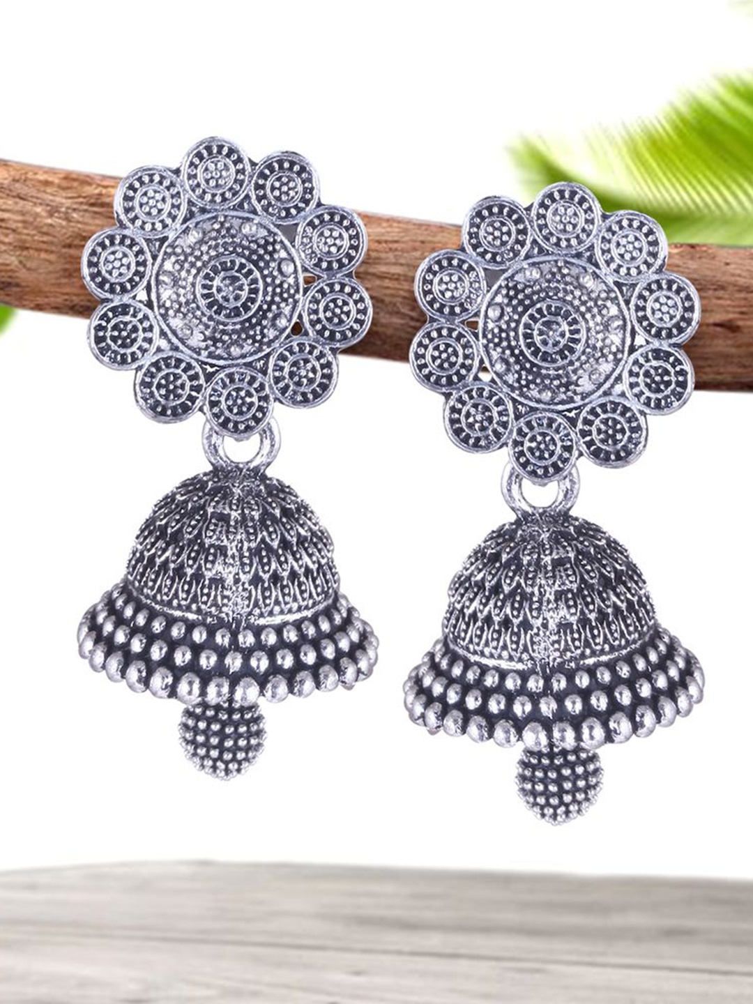 

DIVASTRI Set Of 4 Silver-Plated Oxidised Peacock Shaped Jhumkas