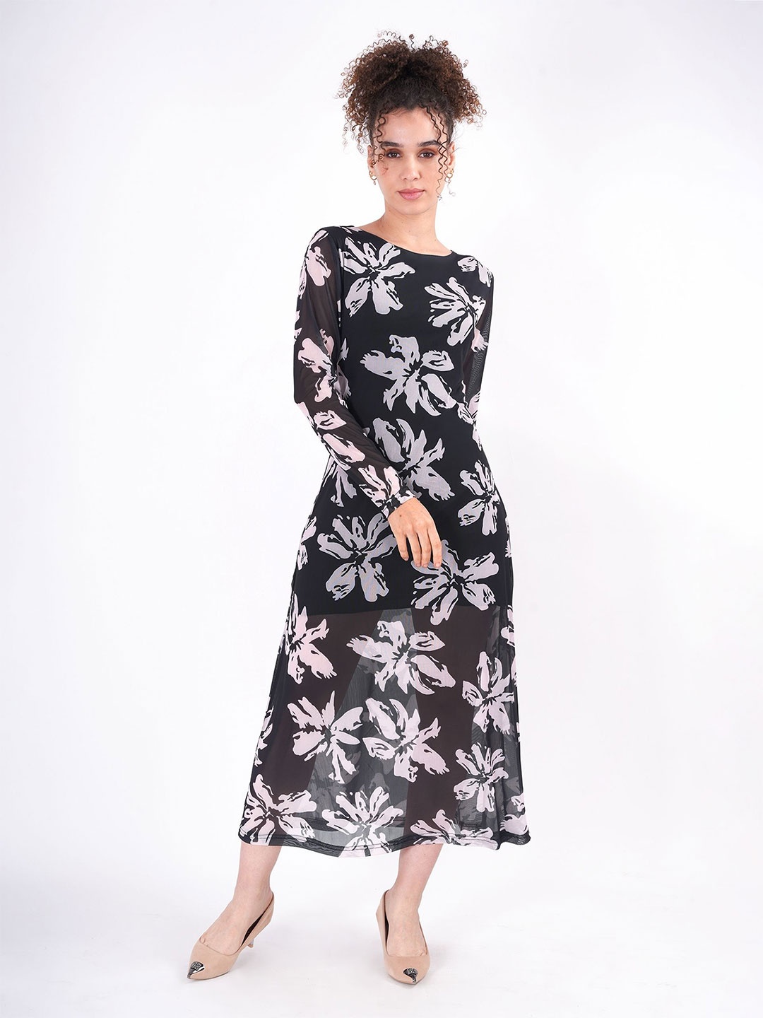 

clobug Floral Print Net Fit & Flare Midi Dress, Black