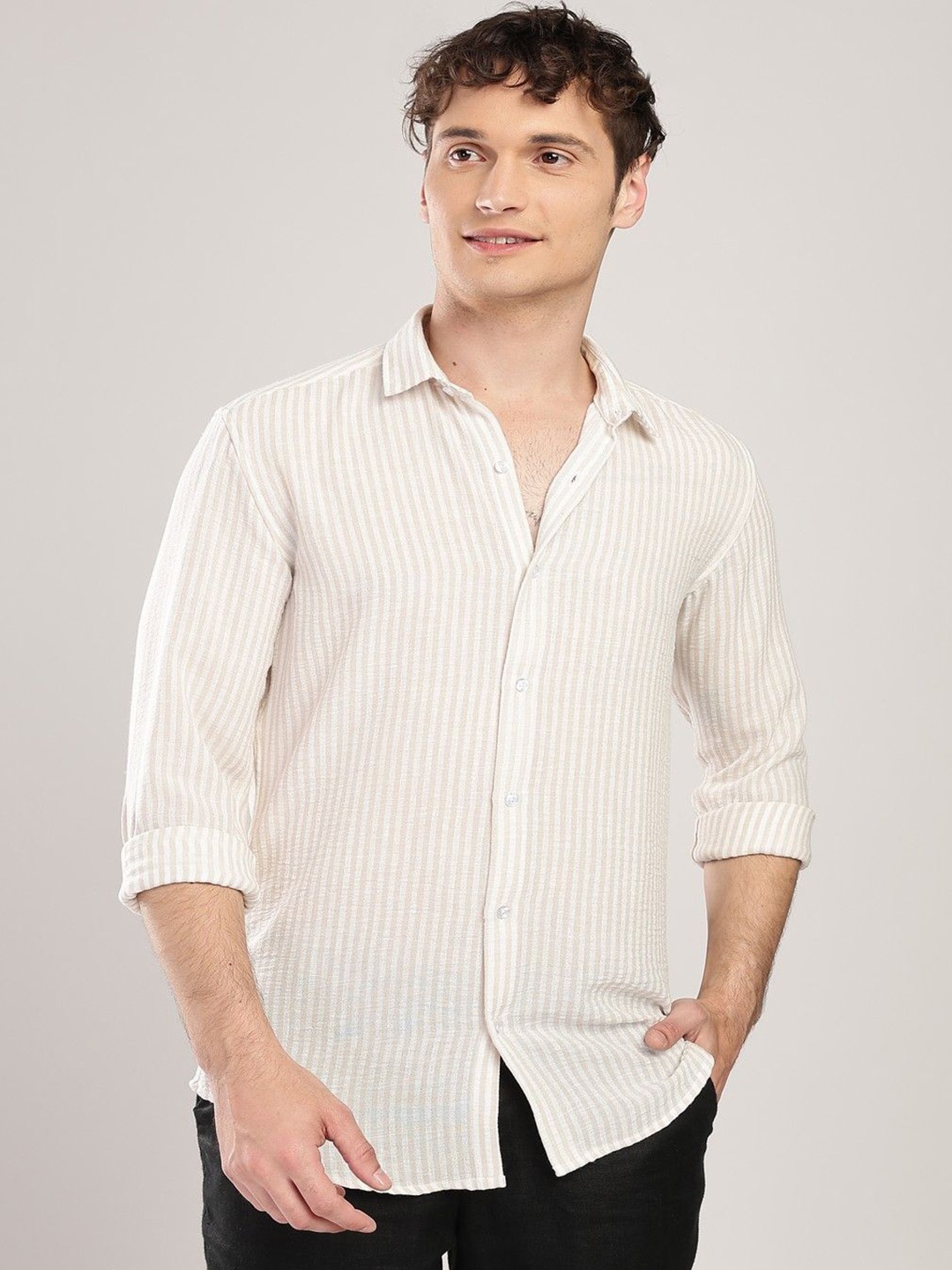 

THE BEETEL HOUSE Men Linen Like Lining Regular Slim Fit Casual Shirt, Beige