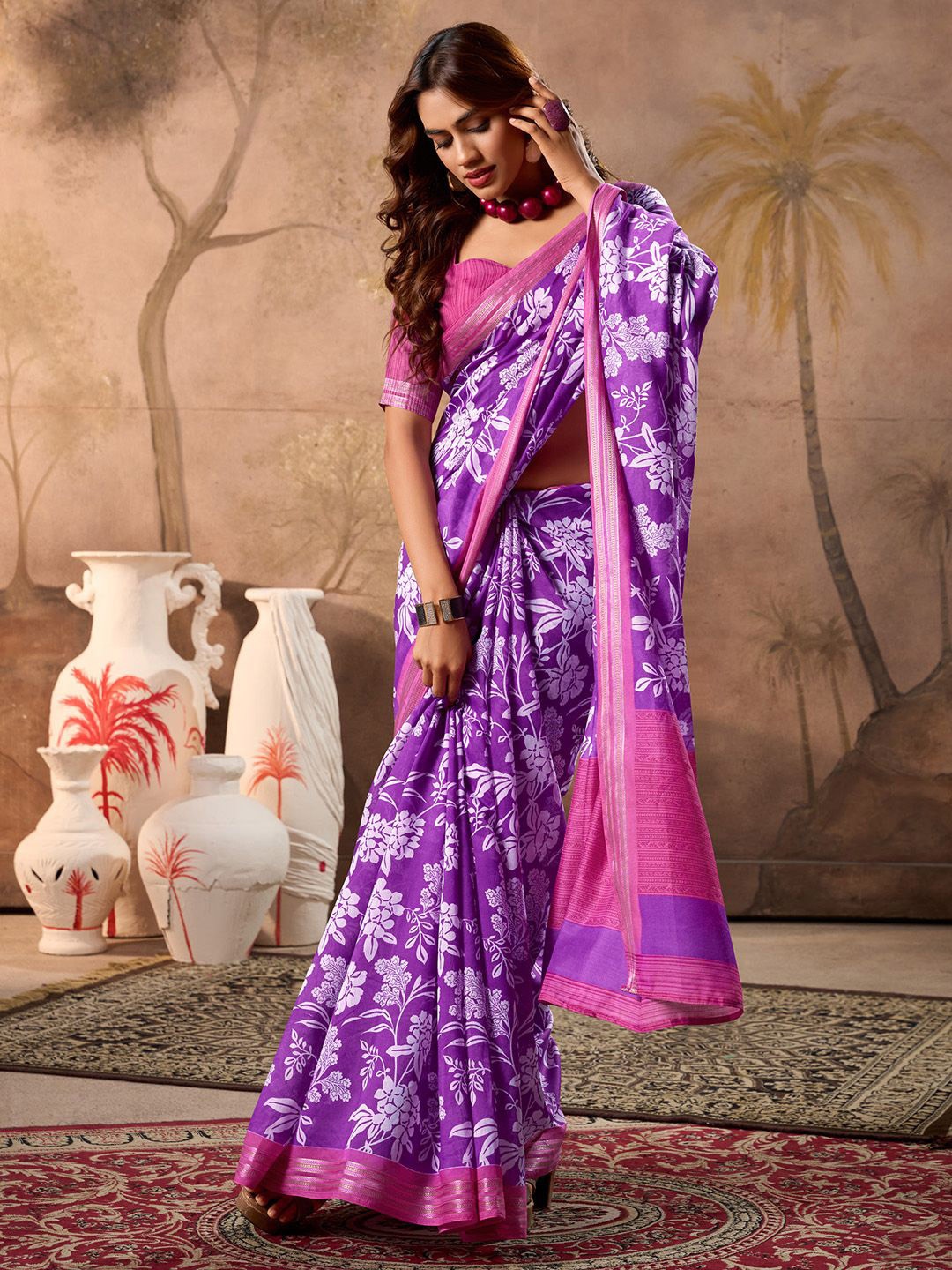 

Mitera Zari Block Print Saree, Purple