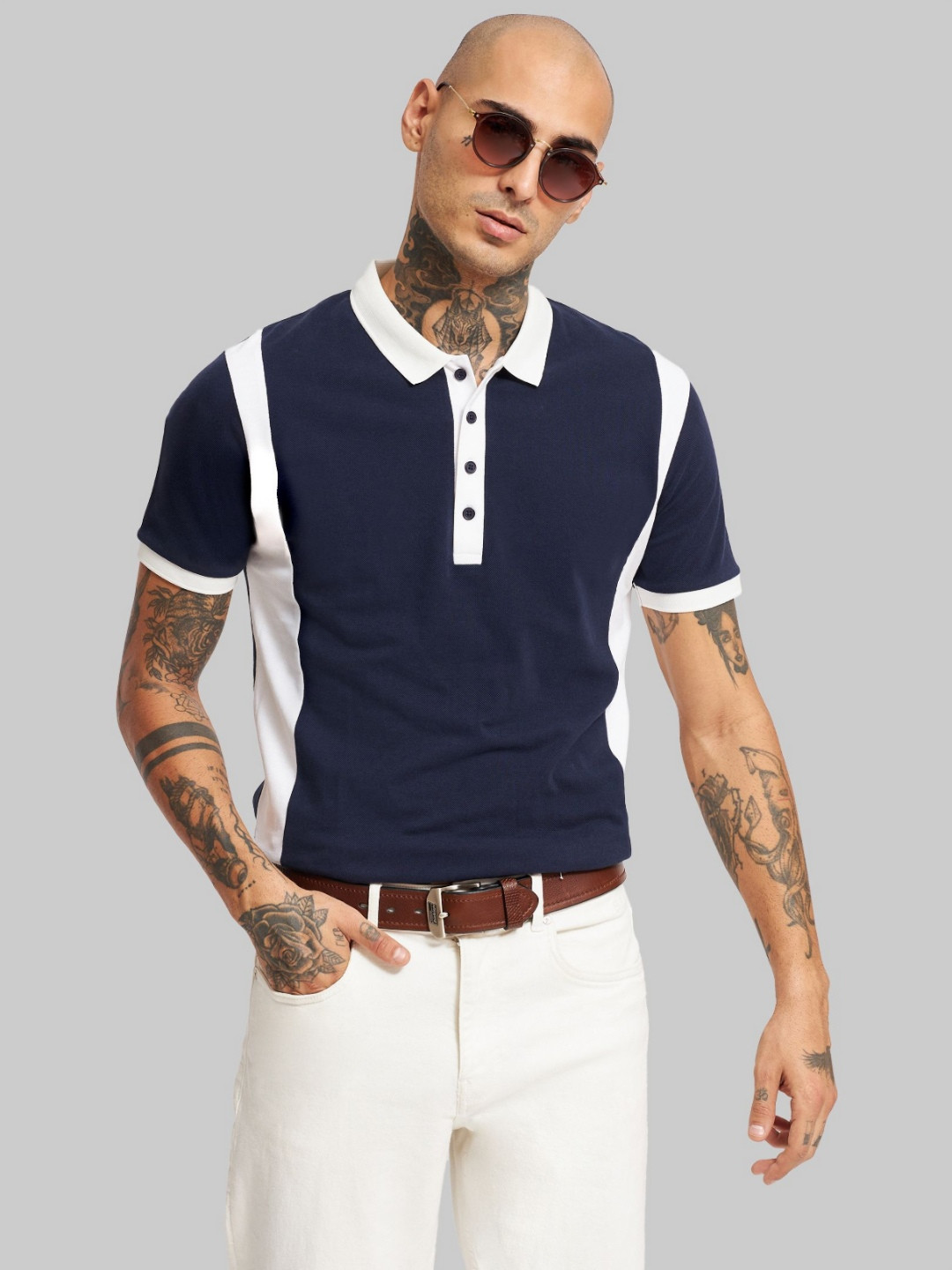 

Underrated Club Men Colourblocked Polo Collar Cotton T-shirt, Navy blue