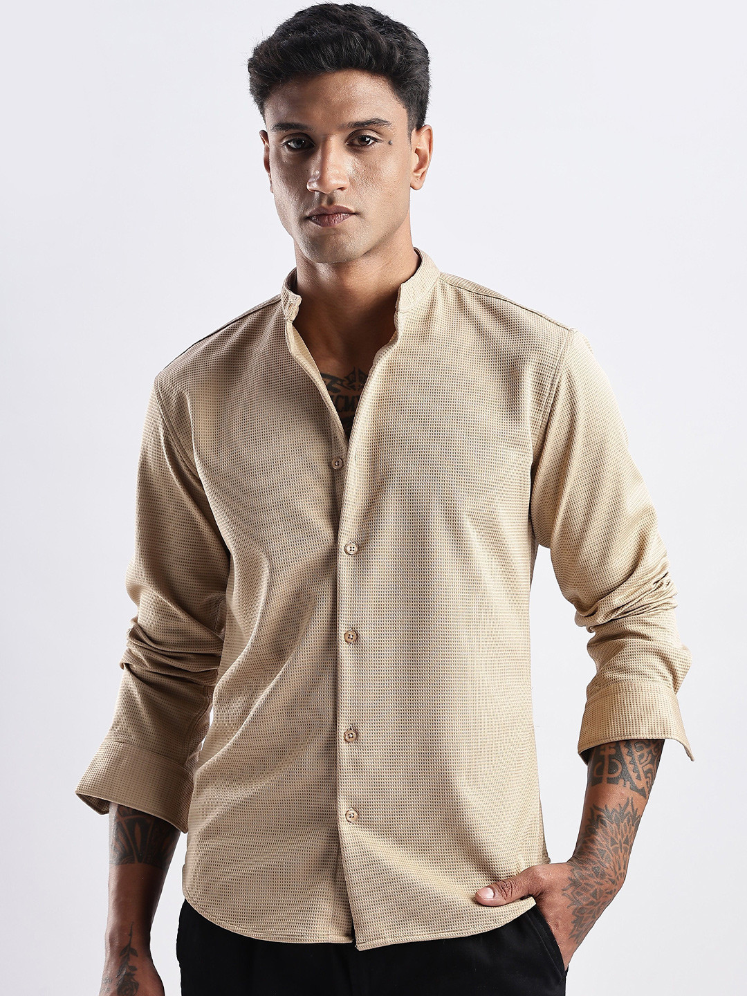 

THE BEETEL HOUSE Men Waffle Dobby Regular Slim Fit Casual Shirt, Beige