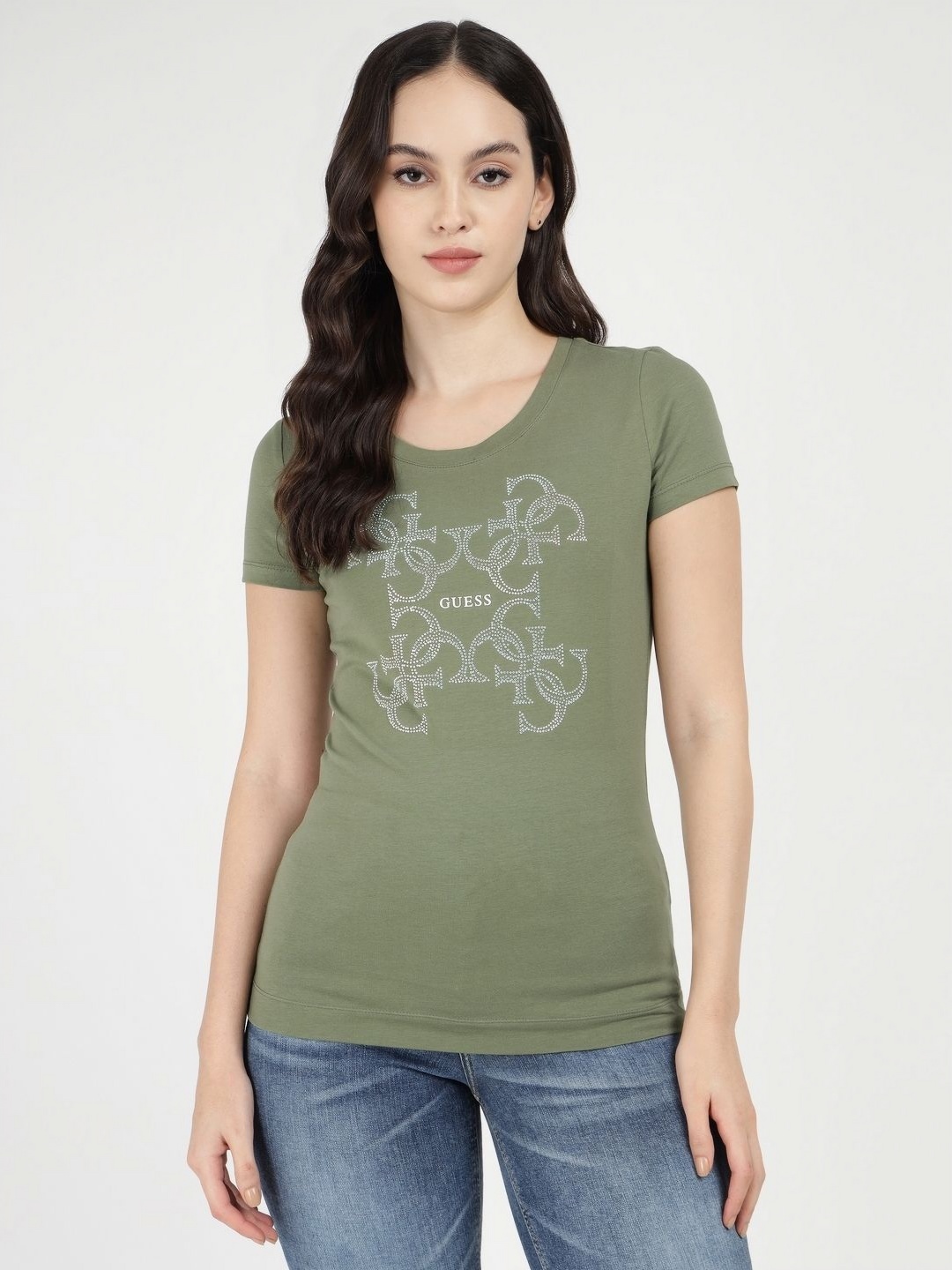 

GUESS Women Typography Printed Round Neck Cotton Slim Fit T-shirt, Green