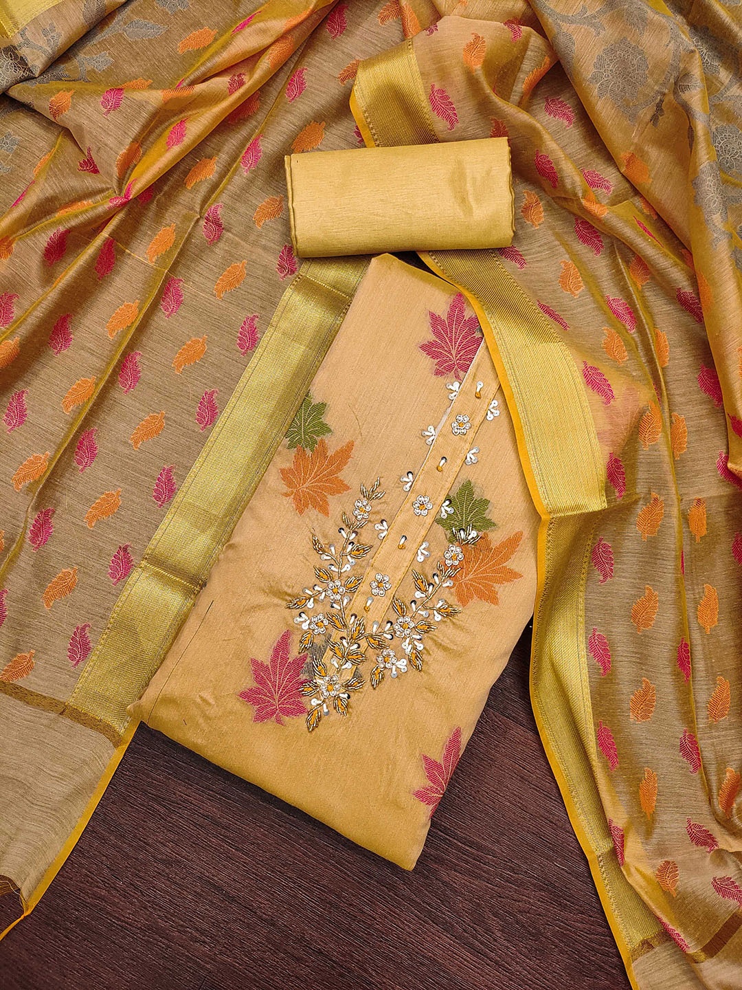 

MANVAA Embellished Unstitched Dress Material, Beige