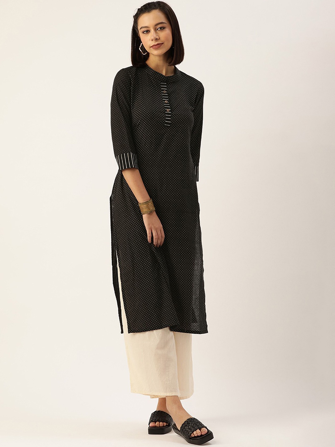 

KALINI Polka Dot Printed Three-Quarter Sleeves Pure Cotton Straight Kurta, Black