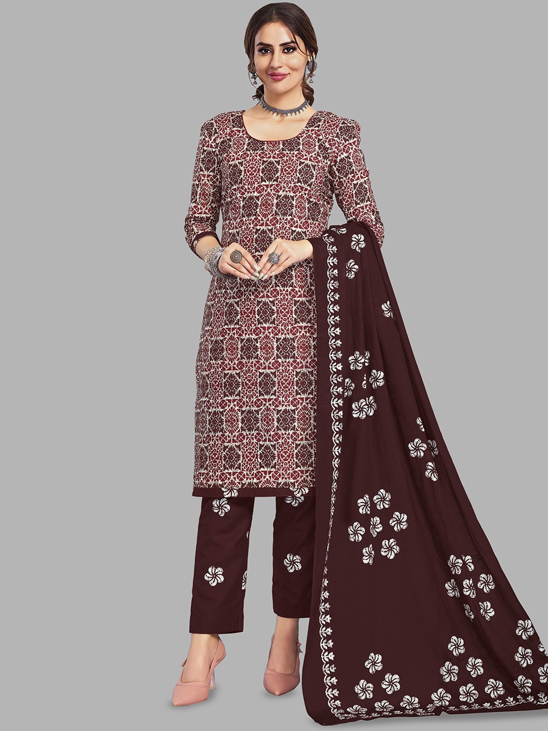 

Simmu Floral Printed Pure Cotton Straight Kurta With Trousers And Dupatta, Brown