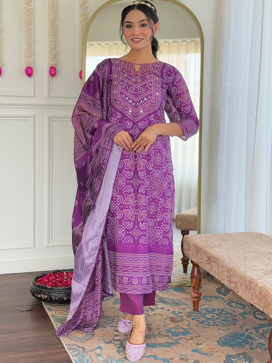 

KALINI Bandhani Printed Mirror Work Keyhole Neck Straight Kurta with Trousers And Dupatta, Purple
