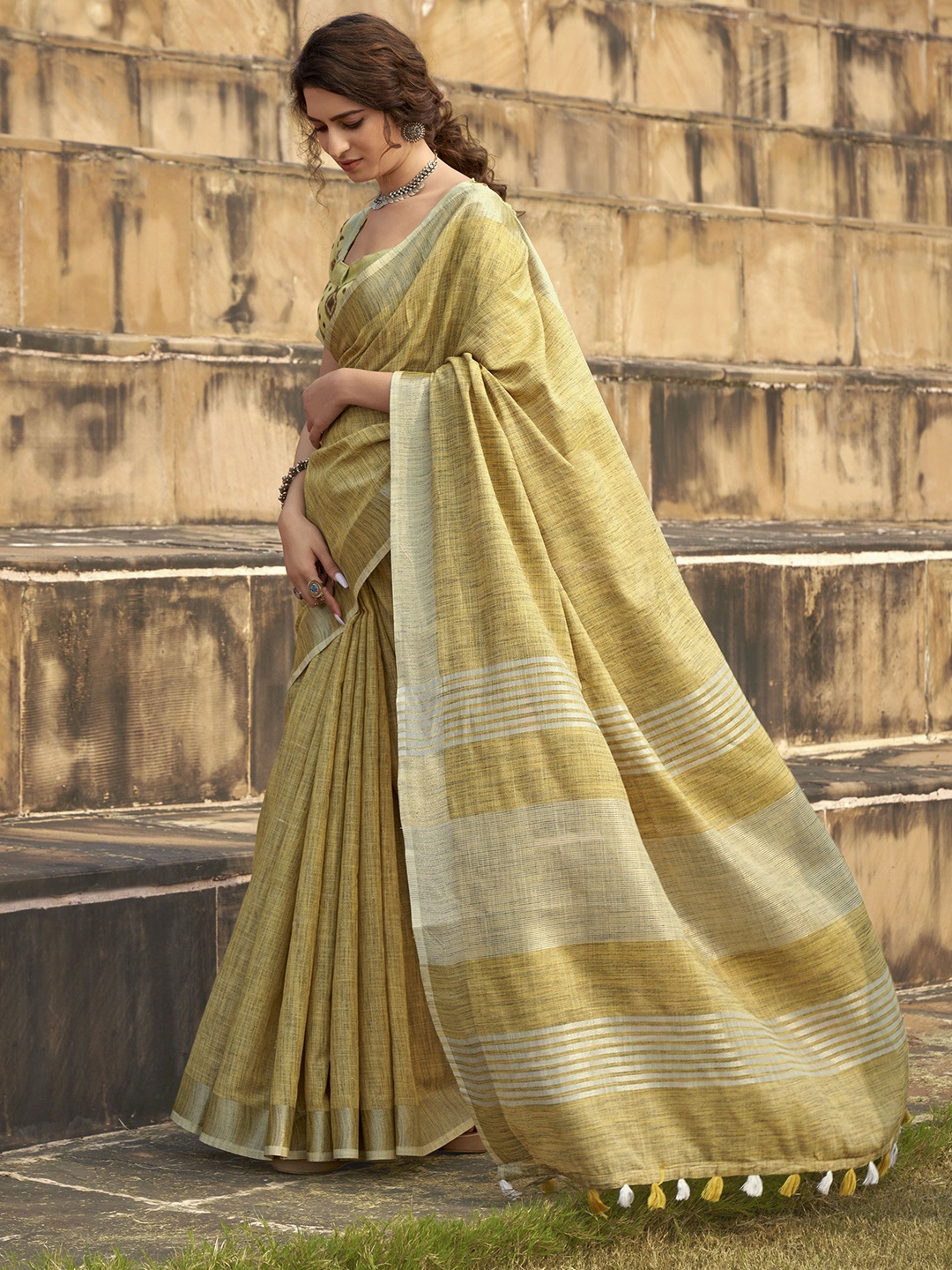 

KIMISHA Zari Linen Blend Saree, Mustard